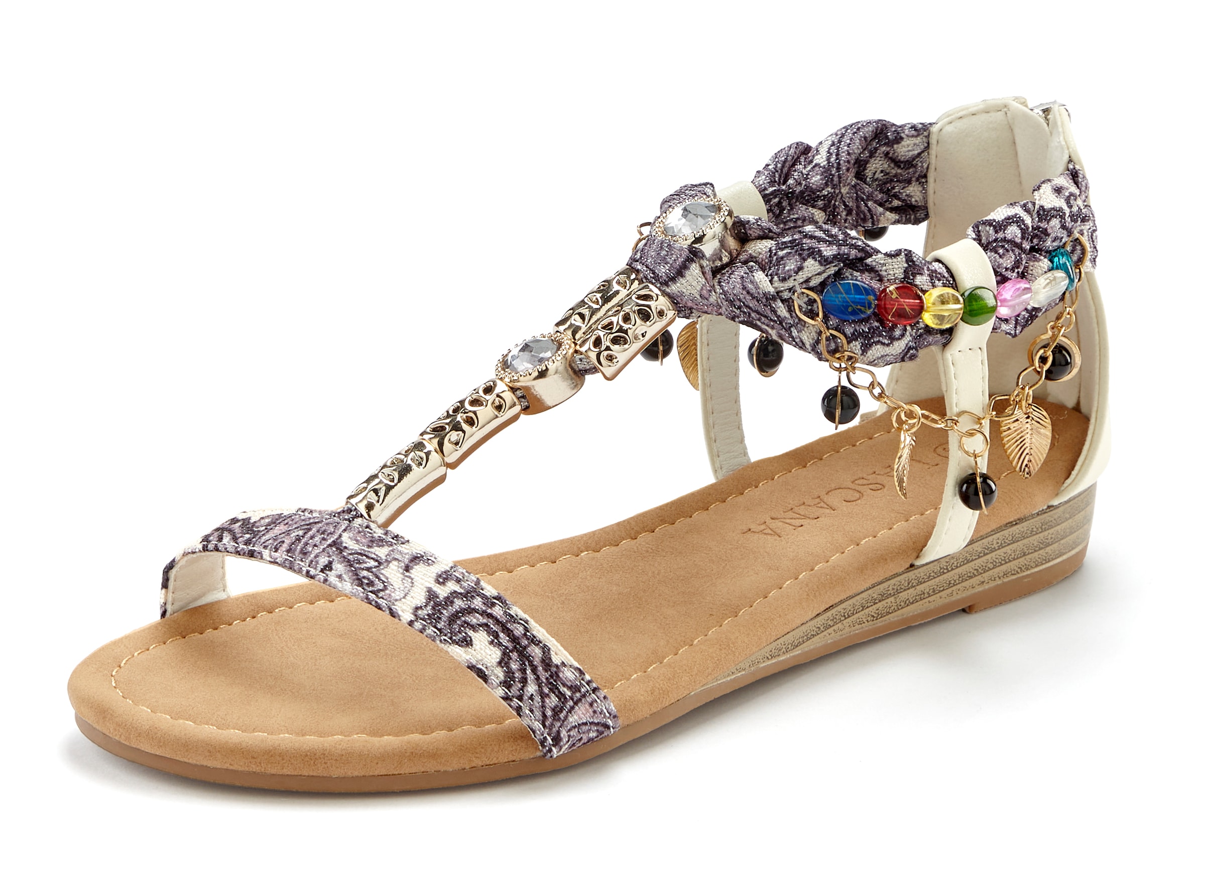 LASCANA Sandale »Sommerschuh, Sandalette,«, mit Schmuckkettchen und Schmucksteinen im Festival-Look VEGAN