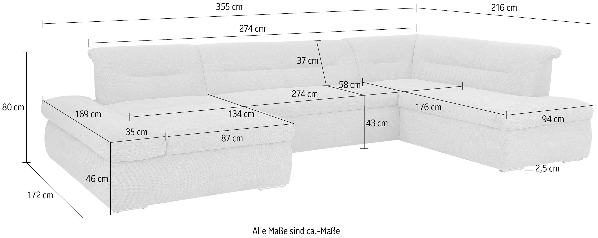 INOSIGN Wohnlandschaft »Avesa U-Form«, Wahlweise mit Armteilverstellung und Bettfunktion, B/T/H: 355/216/80cm