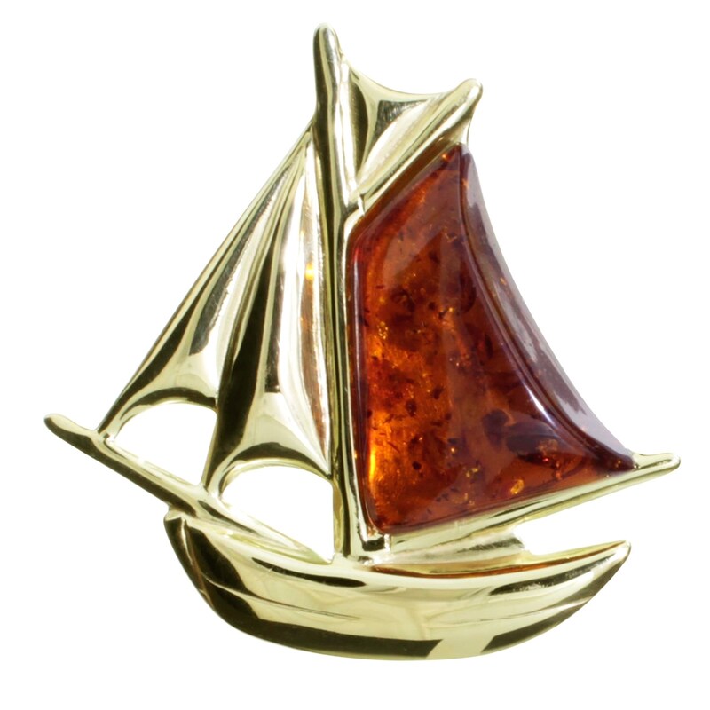 OSTSEE-SCHMUCK Brosche »Brosche Schiff Brosche Schiff« () 35 x 34 mm Silberbrosche, vergoldet, mit Bernstein als Segel