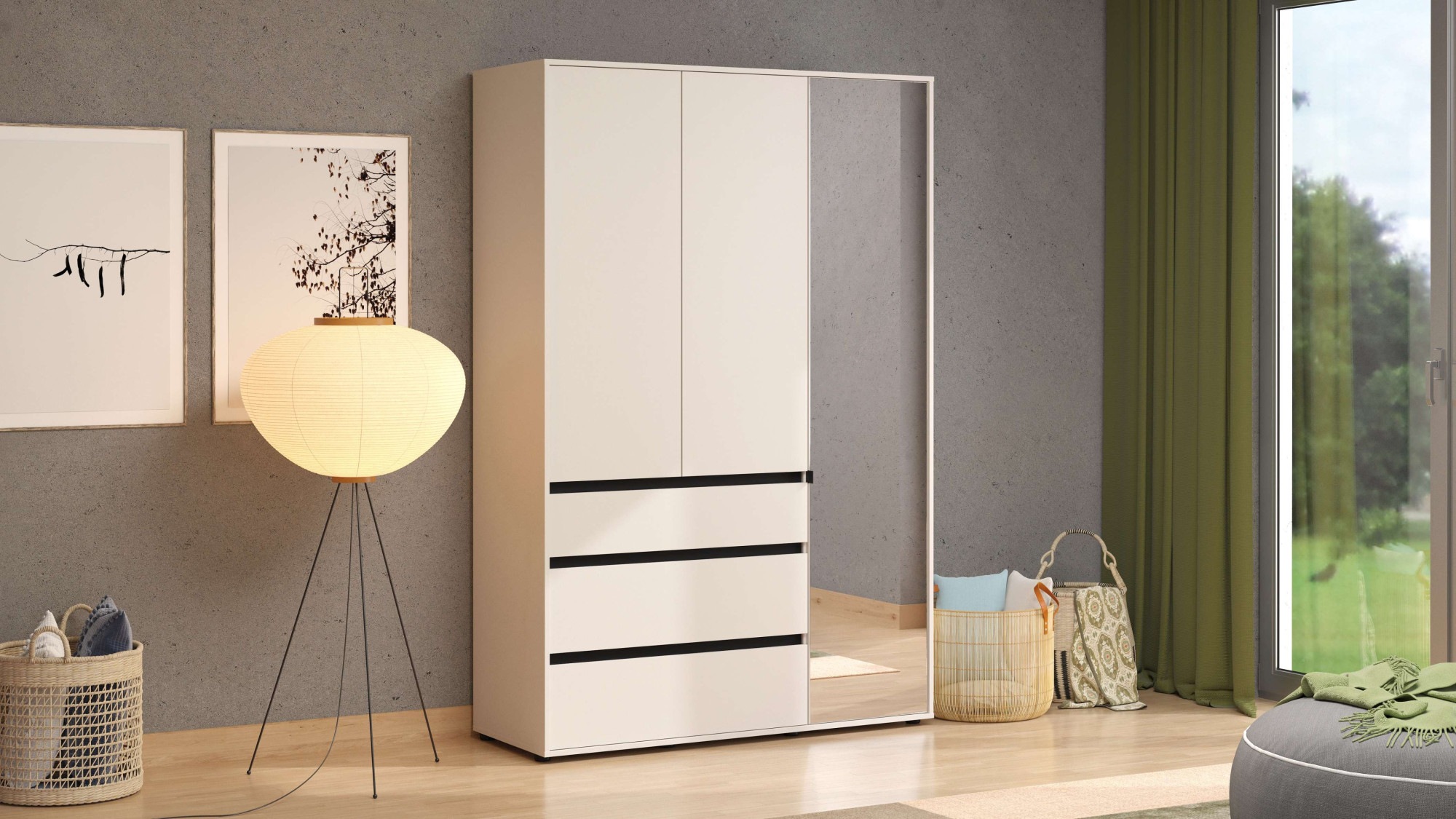 INOSIGN Kleiderschrank »Corbett, grifflose Optik, FSC-zertifziert, Made in Europe«, (138 oder 182,5cm breit, 211cm hoch und 54,5cm tief), mit Spiegel, 3 Schubladen und Innenausstattung