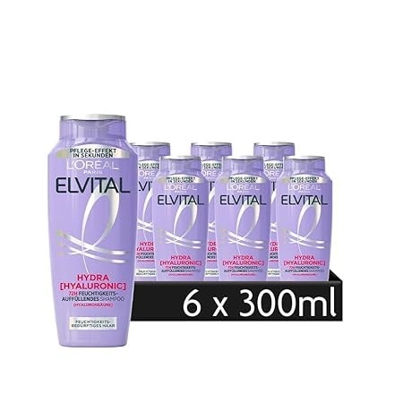 L'ORÉAL PARIS Haarshampoo »L'Oréal Paris Elvital Hydra Hyaluronic Shampoo«, (Packung, 6 tlg.), Hyaluronsäure für trockenes Haar, spendet 72h lang Feuchtigkeit.