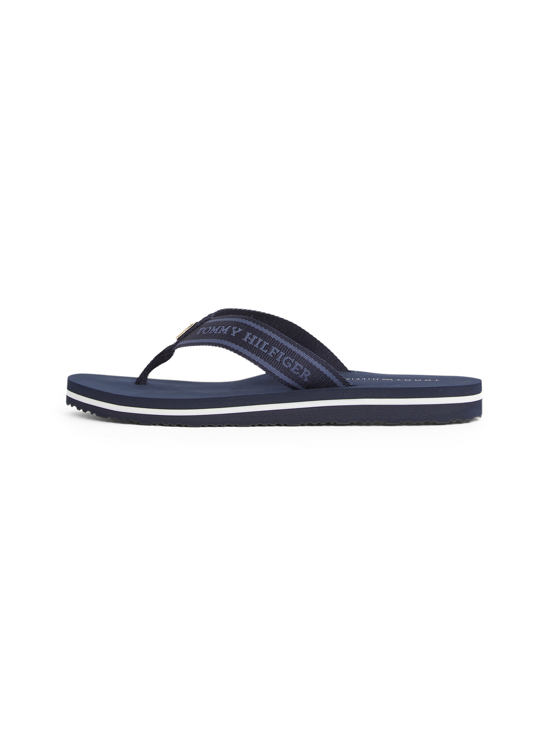 Tommy Hilfiger Zehentrenner »HILFIGER WEBBING BEACH SANDAL«, Sommerschuh, Flats, Bequemschuh, Dianette mit zweifarbiger Sohle