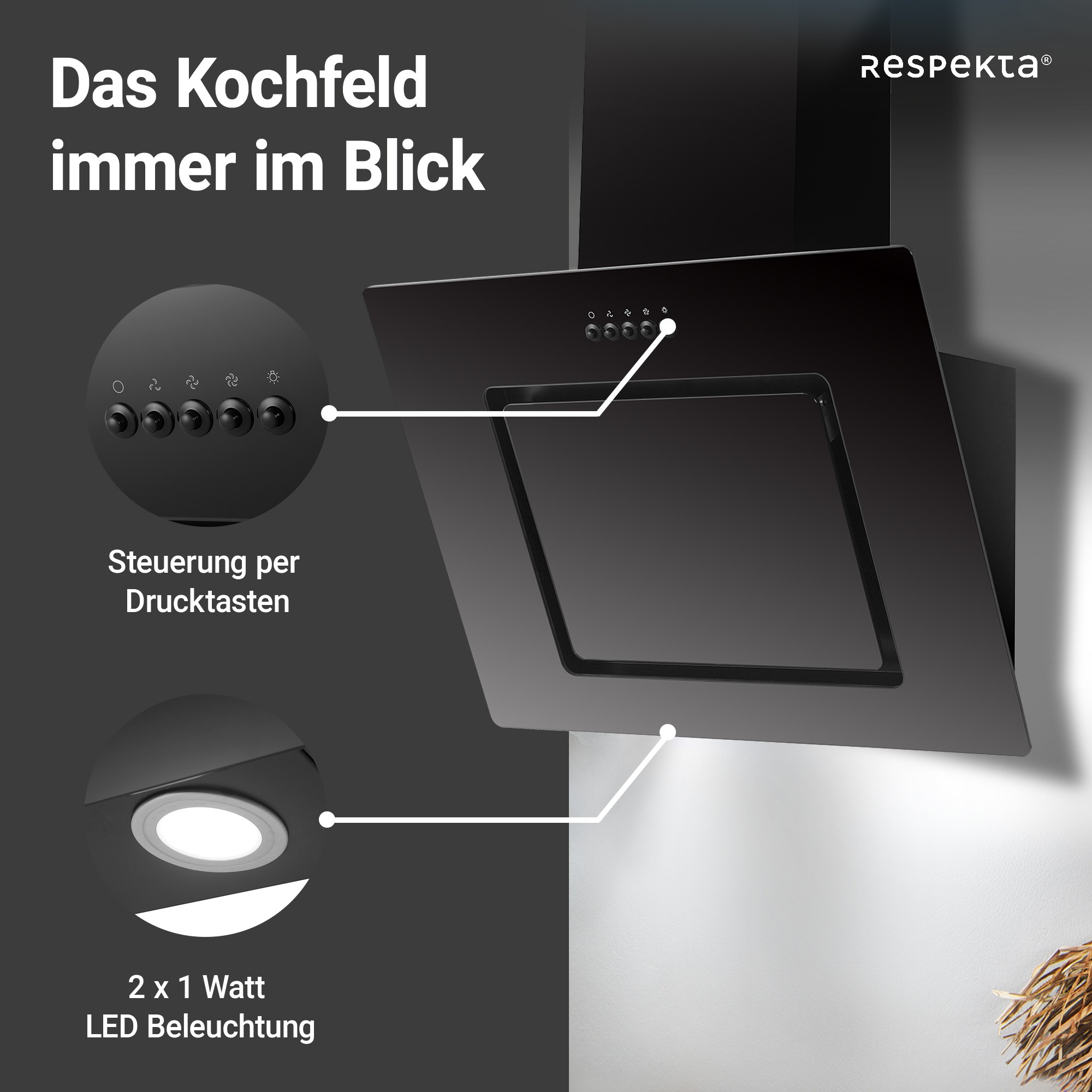 RESPEKTA Kopffreihaube »CH22010«, 60 cm, 3 Leistungsstufen, LED-Beleuchtung, Ab- und Umluftfähig