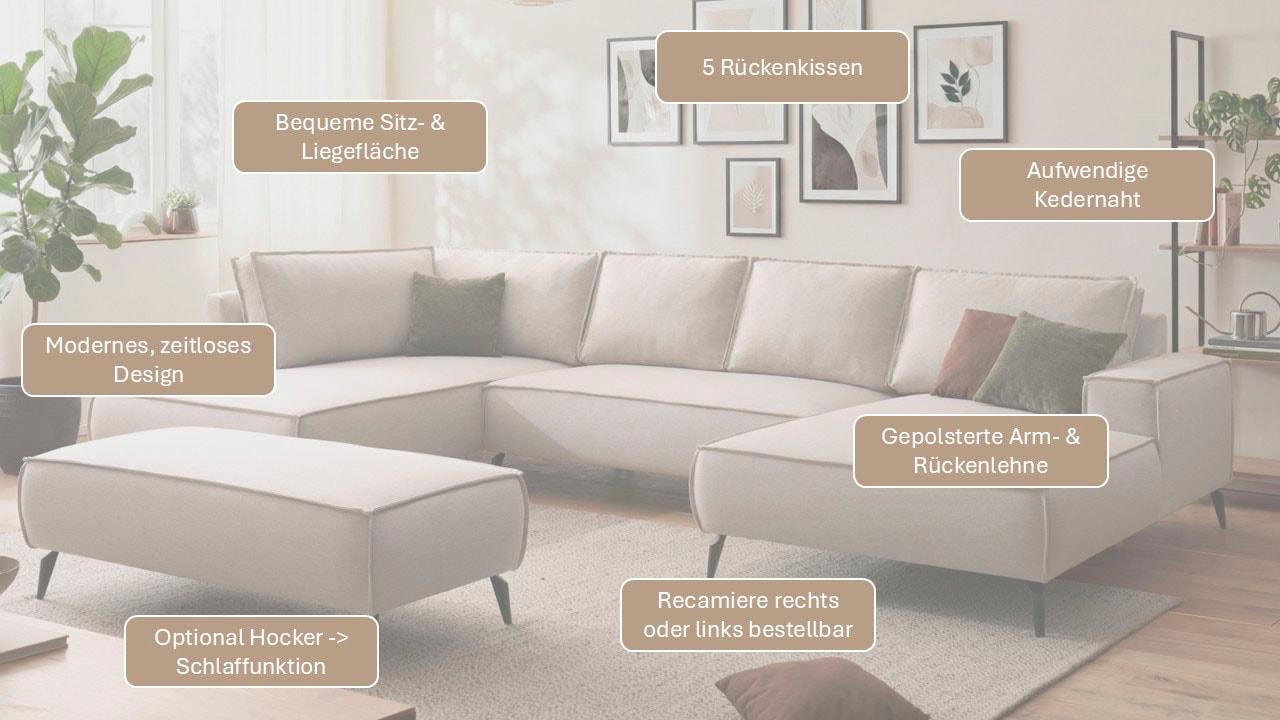 Home affaire Wohnlandschaft »Tvinnu, moderne U-Form, Couch in Cord oder Webstoff in Leinenoptik« Recamiere rechts/links, schwarze Metallfüße, bequeme Sitz-/Liegefläche