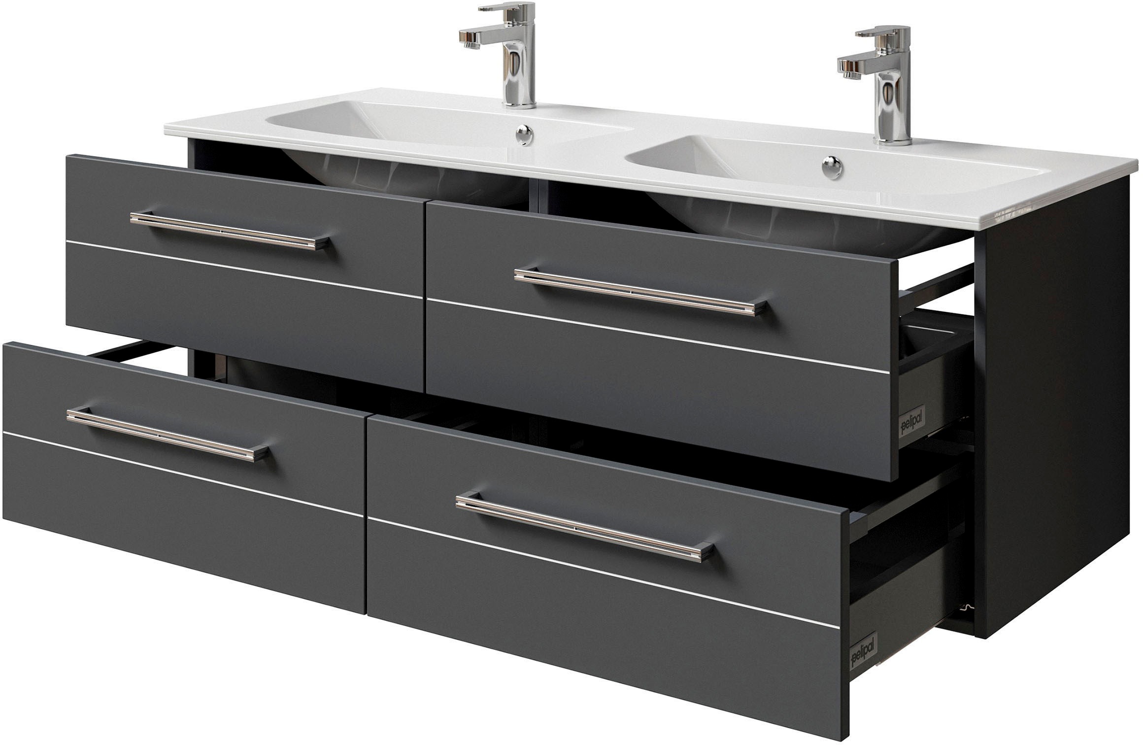 Saphir Badmöbel-Set »Serie 6025 2-teilig Mineralmarmor-Waschtisch mit LED-Spiegelschrank«, (2 St.), Waschplatz 132cm breit, 4 Schubladen, 2 Spiegel-Türen, inkl Türdämpfer