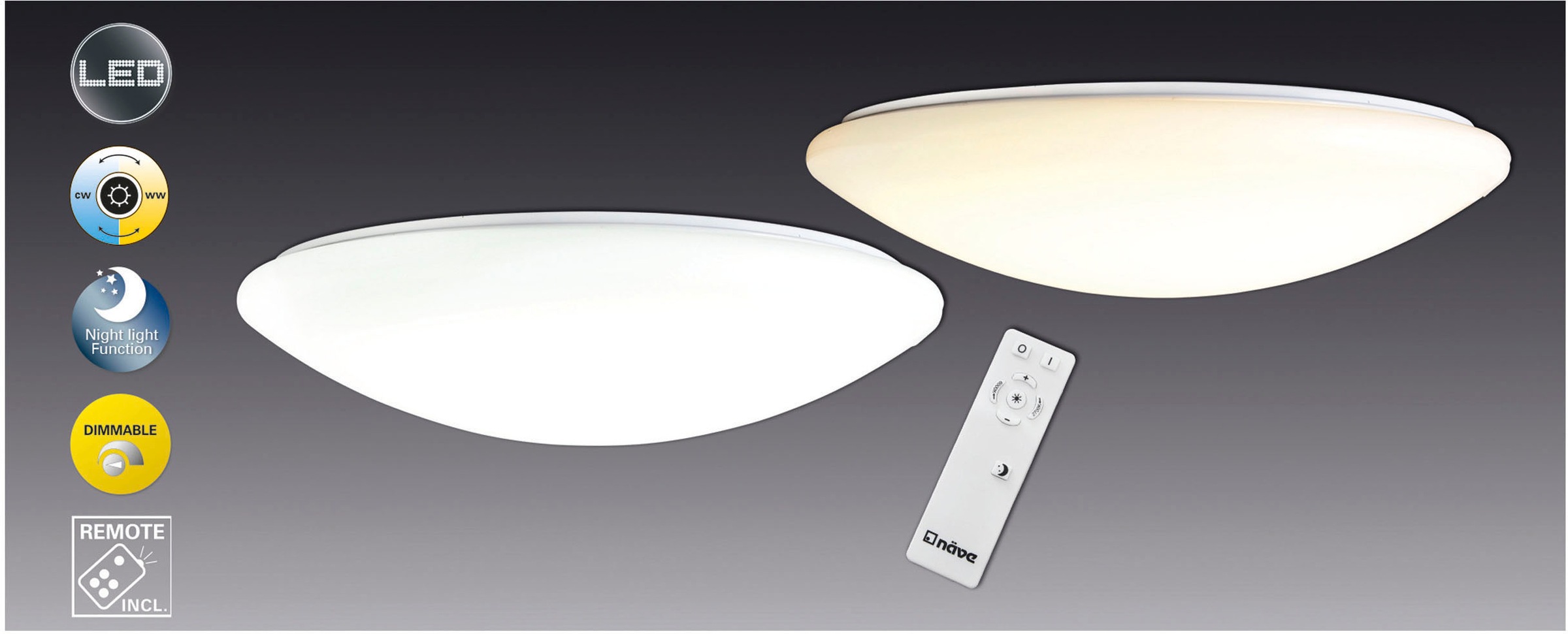 näve LED Deckenleuchte »Sydney«, 1 flammig, Leuchtmittel LED-Modul | LED wechselbar, dimmbar, Nachtlichtfunktion,memory, Lichtfarbe wechselbar, d: 60cm
