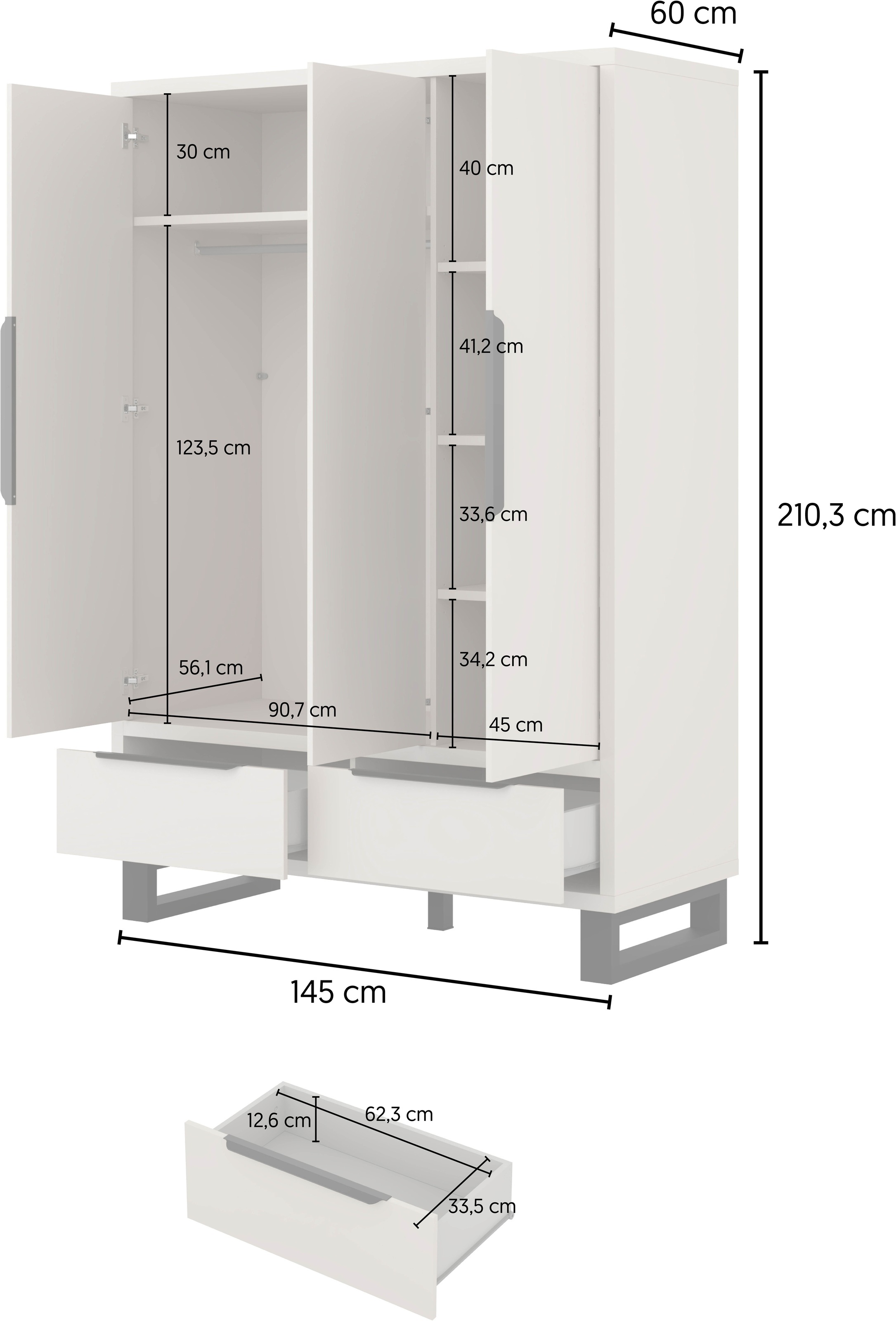 Home affaire Drehtürenschrank »Bronne,Breite 145 cm, Kleiderschrank inclusive Innenausstattung« Kleiderschrank, 2 Schubkästen, Metallgriffe, Garderobe