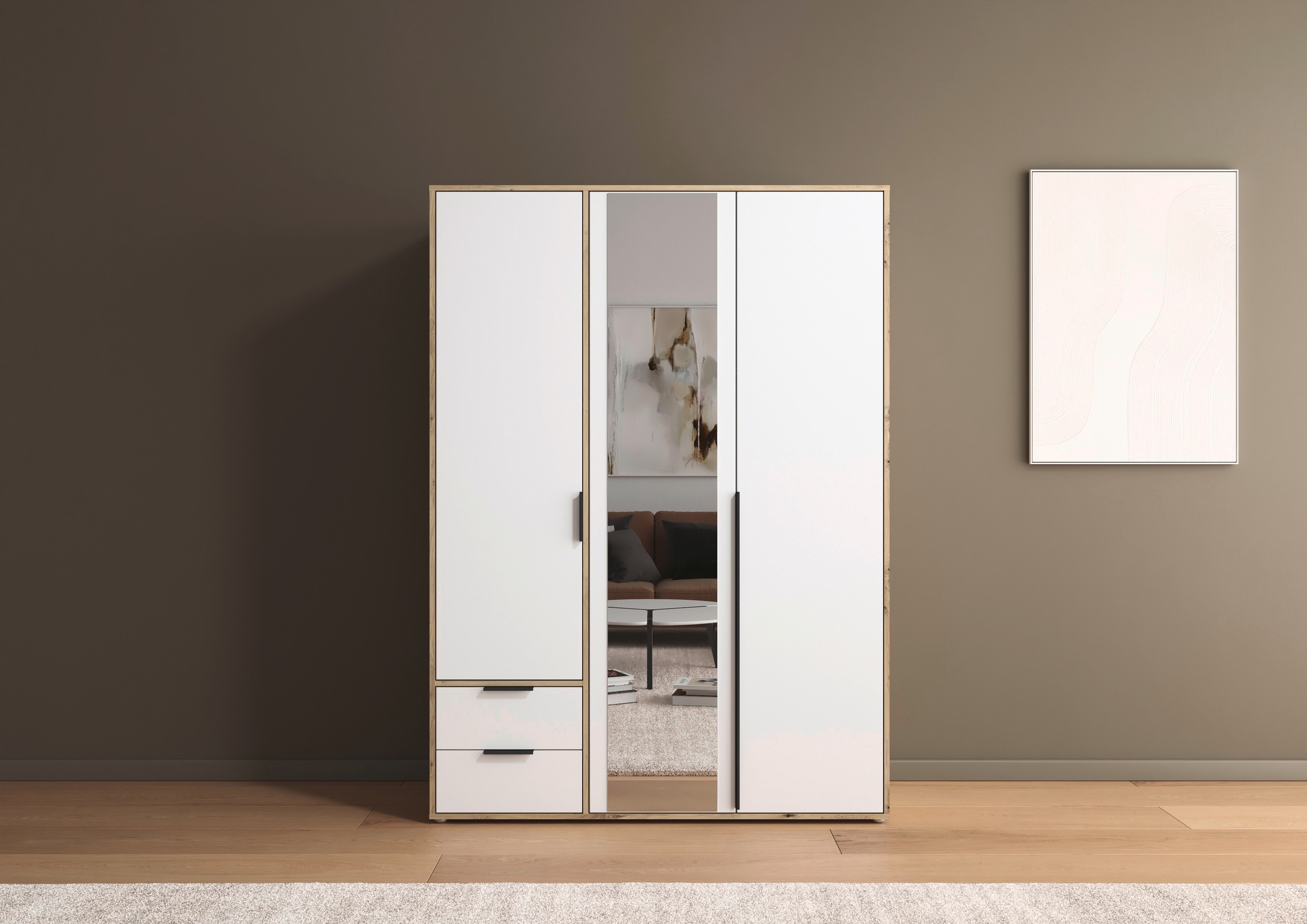 rauch Drehtürenschrank »Kleiderschrank Schrank Garderobe Wäscheschrank NAGATA mit Spiegel«, (in 3 verschiedenen Ausstattungen BASIC/CLASSIC/PREMIUM), und Schubladen sowie Stangengriffen TOPSELLER MADE IN GERMANY