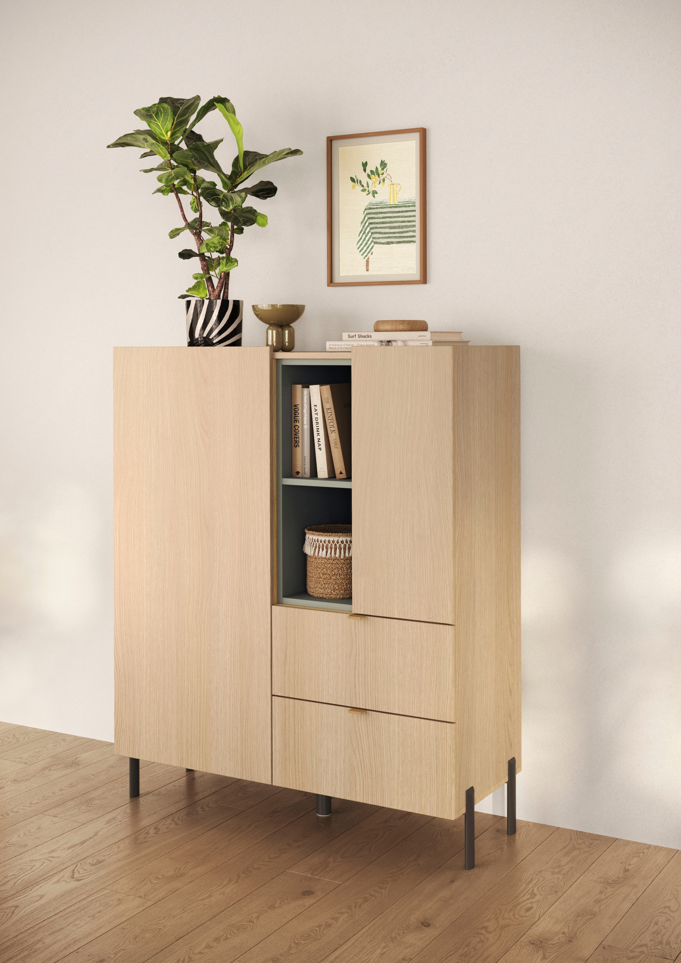OTTO home Highboard »Badia, B/H 101/124 cm, 2 Türen, 2 Schubkästen, Stauraumschrank« Innenliegendes Top, gerade Metallfüße, salbeigrüne Farbakzente