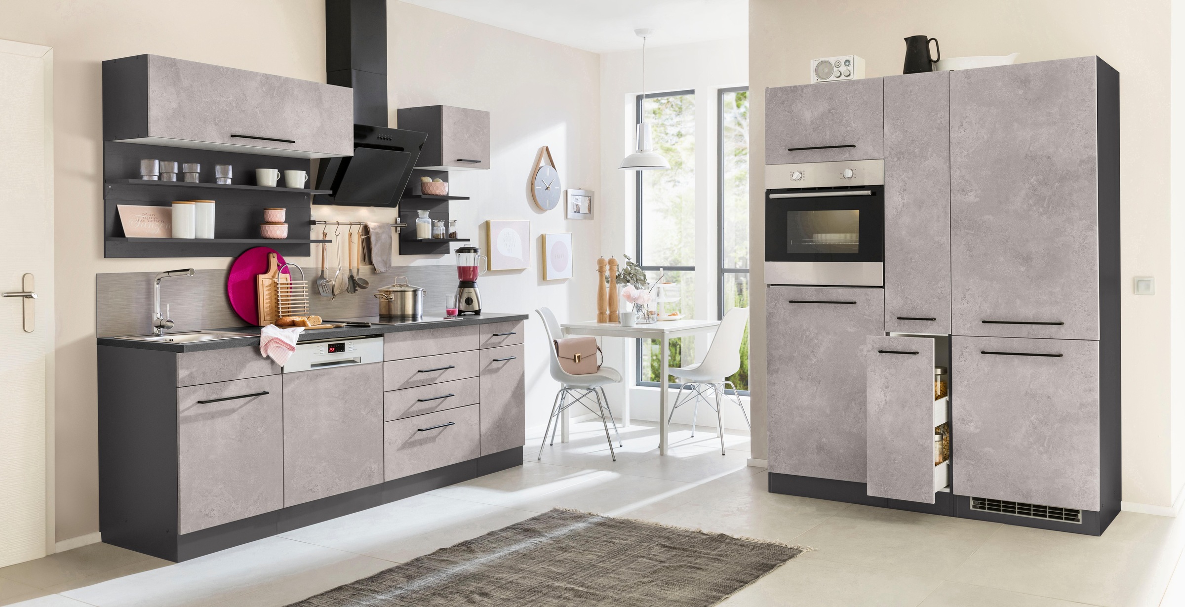 KOCHSTATION Küchenzeile »KS-Tulsa«, mit E-Geräten, Breite 360 cm, schwarze Metallgriffe, MDF Fronten