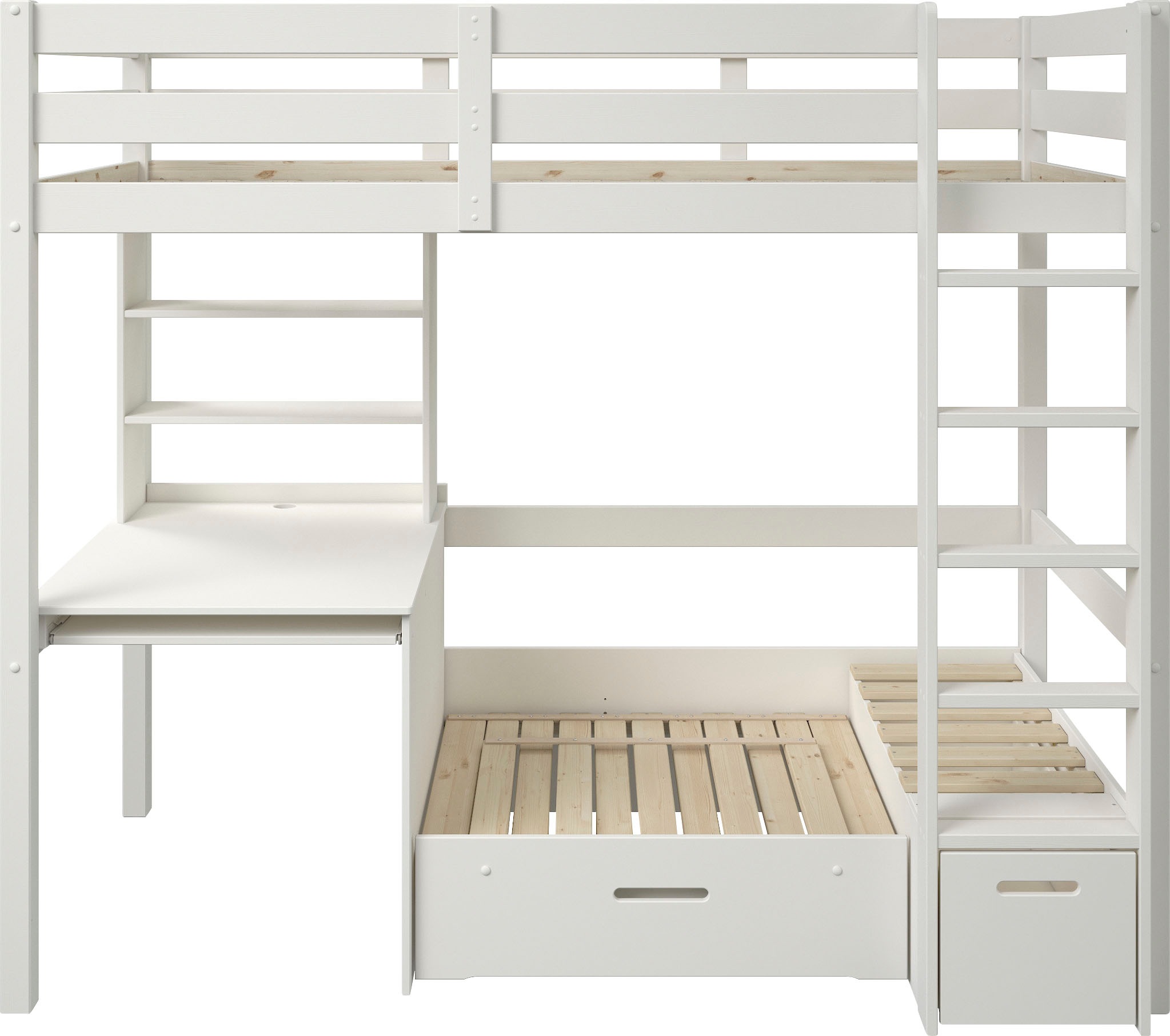 Lüttenhütt Etagenbett »Stockbett, Doppelstockbett "HENNE " zertifiziertes Massivholz«, mit Schreibtisch, Regale, ausziehbarem Sessel,OHNE MATRATZEN/AUFLAGEN!