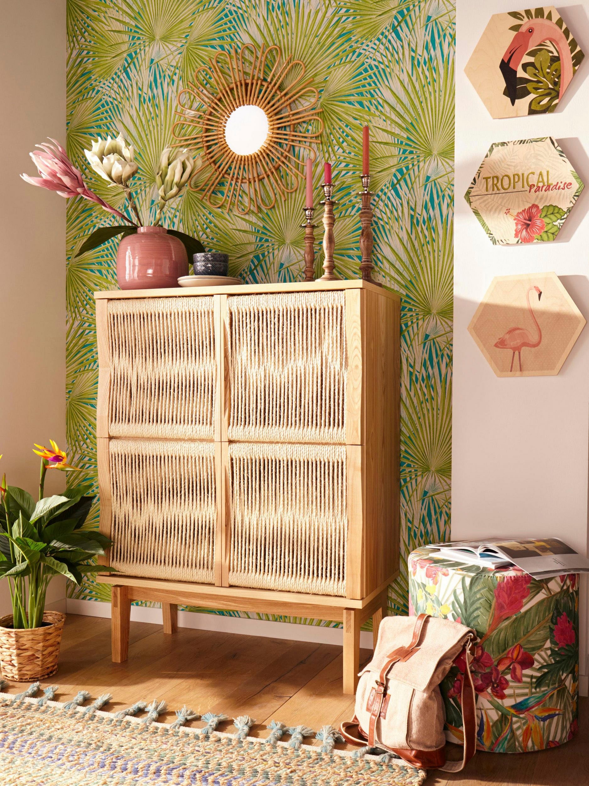 Woodman Highboard »Lidia«, Stauraumschrank, Türenfronten aus geflochtenem Hanfseil, Breite 90 cm