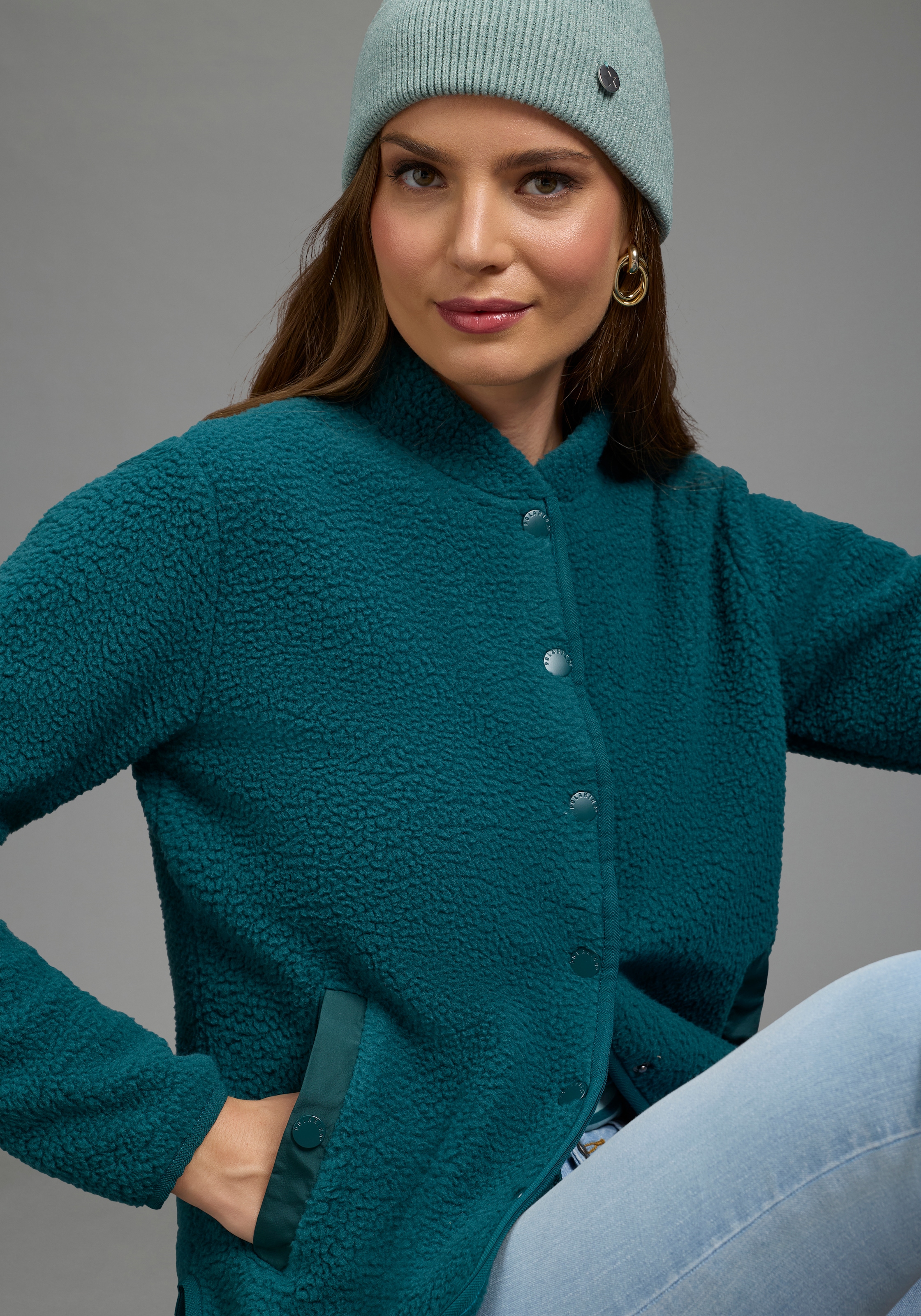 Polarino Fleecejacke ohne Kapuze aus Teddy-Fleece, Übergangsjacke mit Stehkragen und Knöpfen