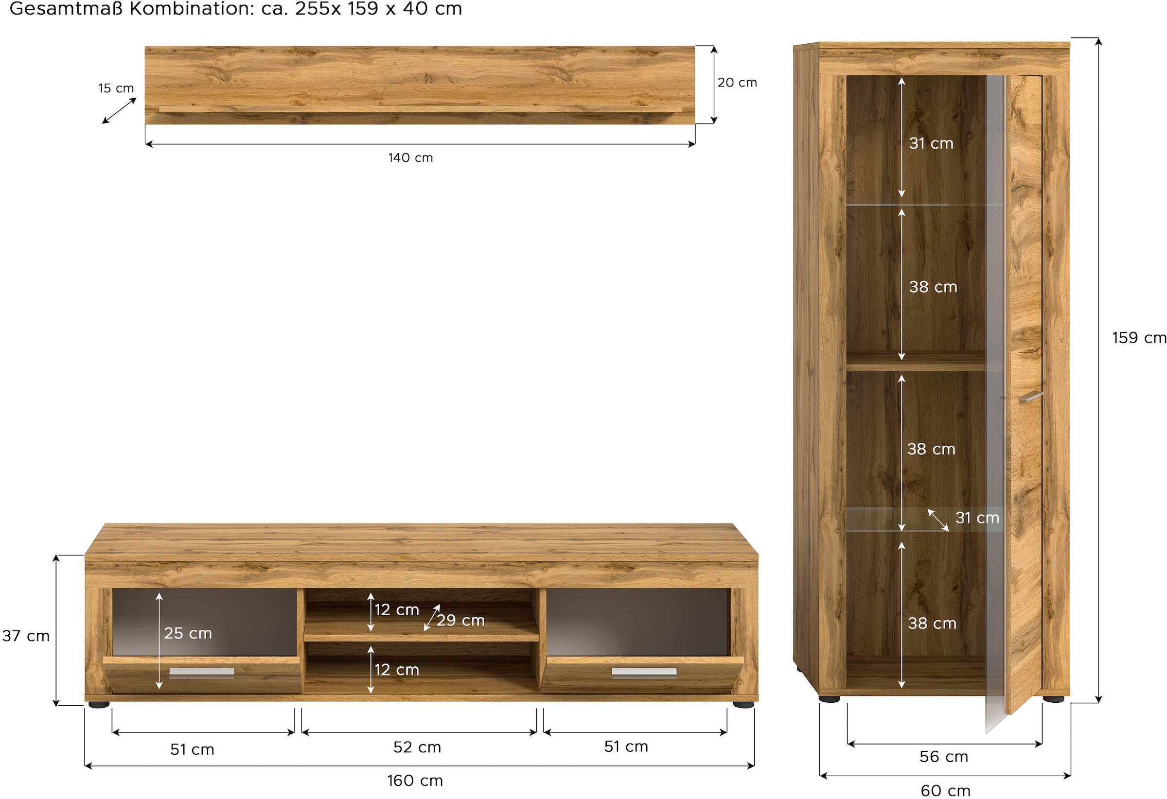INOSIGN Wohnwand »Aosta, Breite 235cm, bestehend aus Lowboard, Wandboard, Vitrine«, (3 St.), Wohnwand, Kombination, Anbauwand, Möbel Set, Schrankwand, Möbel Kombi