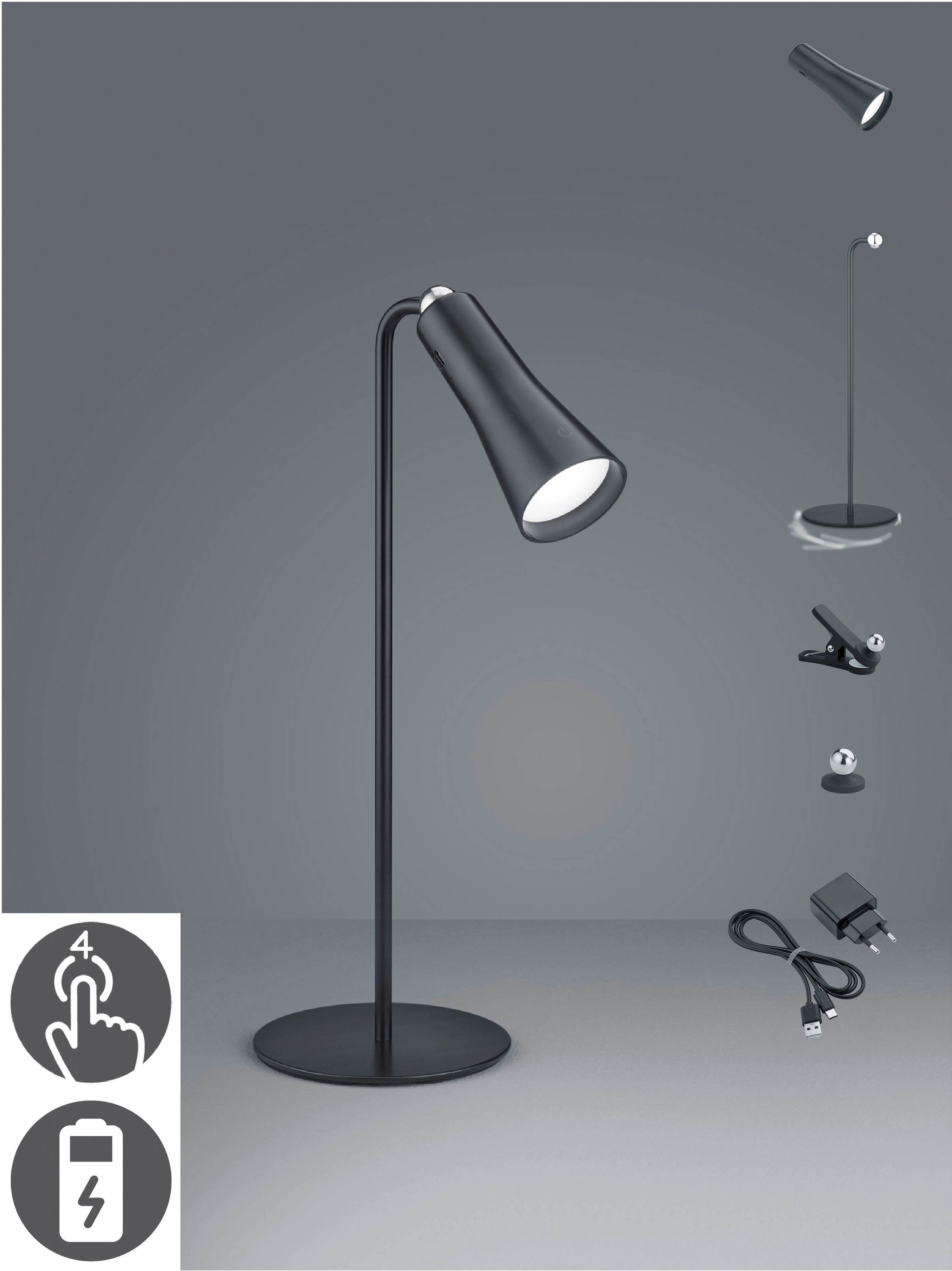 REALITY Leuchten LED Tischleuchte »Maxi«, 1 flammig, Leuchtmittel LED-Board | LED fest integriert, Klemmleuchte mit Magnet-Halterung, Touchdimmer, USB-C, 2-12h Akku