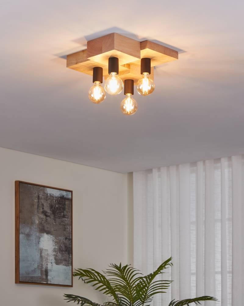 EGLO Deckenleuchte »HALKIN Deckenlampe, Holz und Stahl, E27, Wohnzimmerlampe, Flurlampe« E27 1 Stk. EGLO Deckenleuchte Halkin braun, schwarz 4X40W L:40 H:14 cm