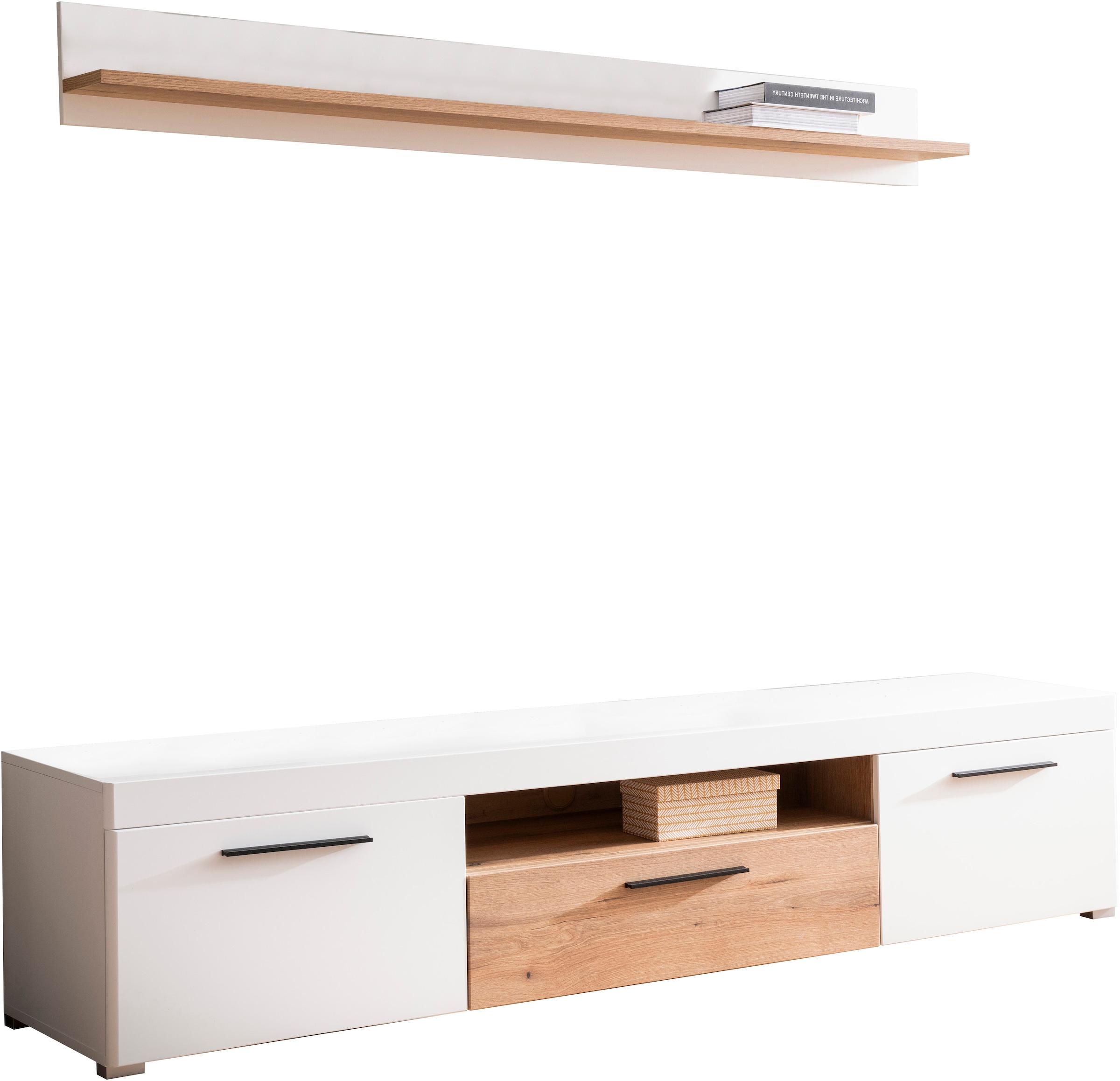 INOSIGN Wohnwand »Salerno, moderne Anbauwand, Wohnzimmer-Set, Weiß mit Eiche Evoke Dekor«, (Set, 2 St.), enthält Lowboard + Wandboard, Metallgriffe, 205 cm breit