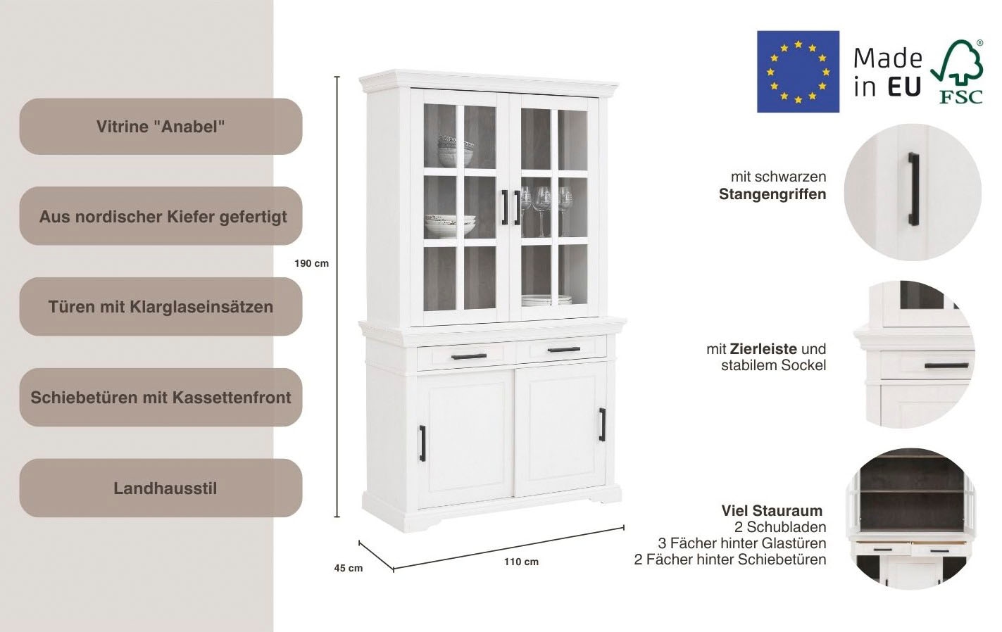 Home affaire Vitrine »Anabel«, aus massiver Kiefer, Breite 110 cm, Höhe 190 cm