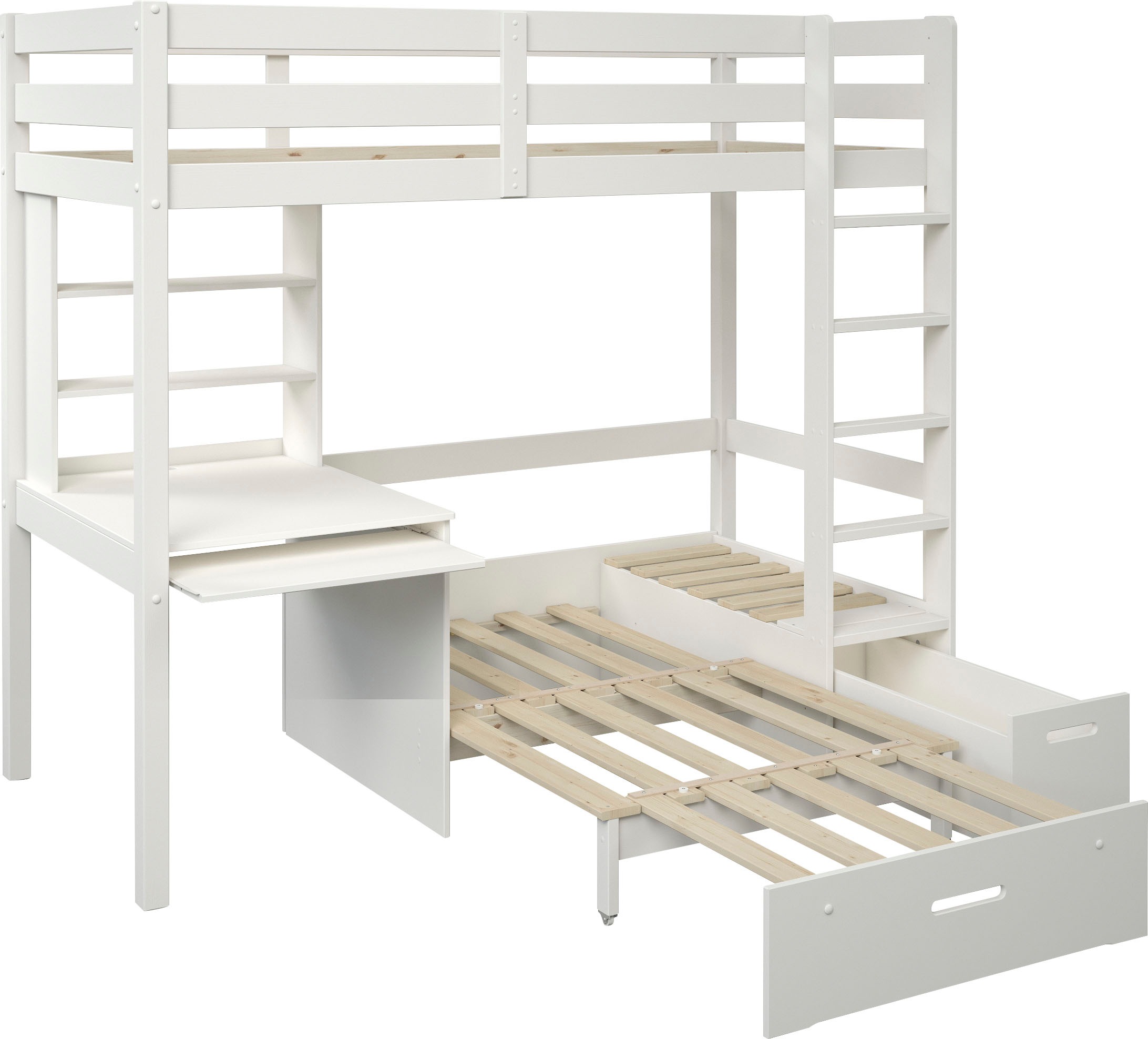 Lüttenhütt Etagenbett »Stockbett, Doppelstockbett "HENNE " zertifiziertes Massivholz«, mit Schreibtisch, Regale, ausziehbarem Sessel,OHNE MATRATZEN/AUFLAGEN!