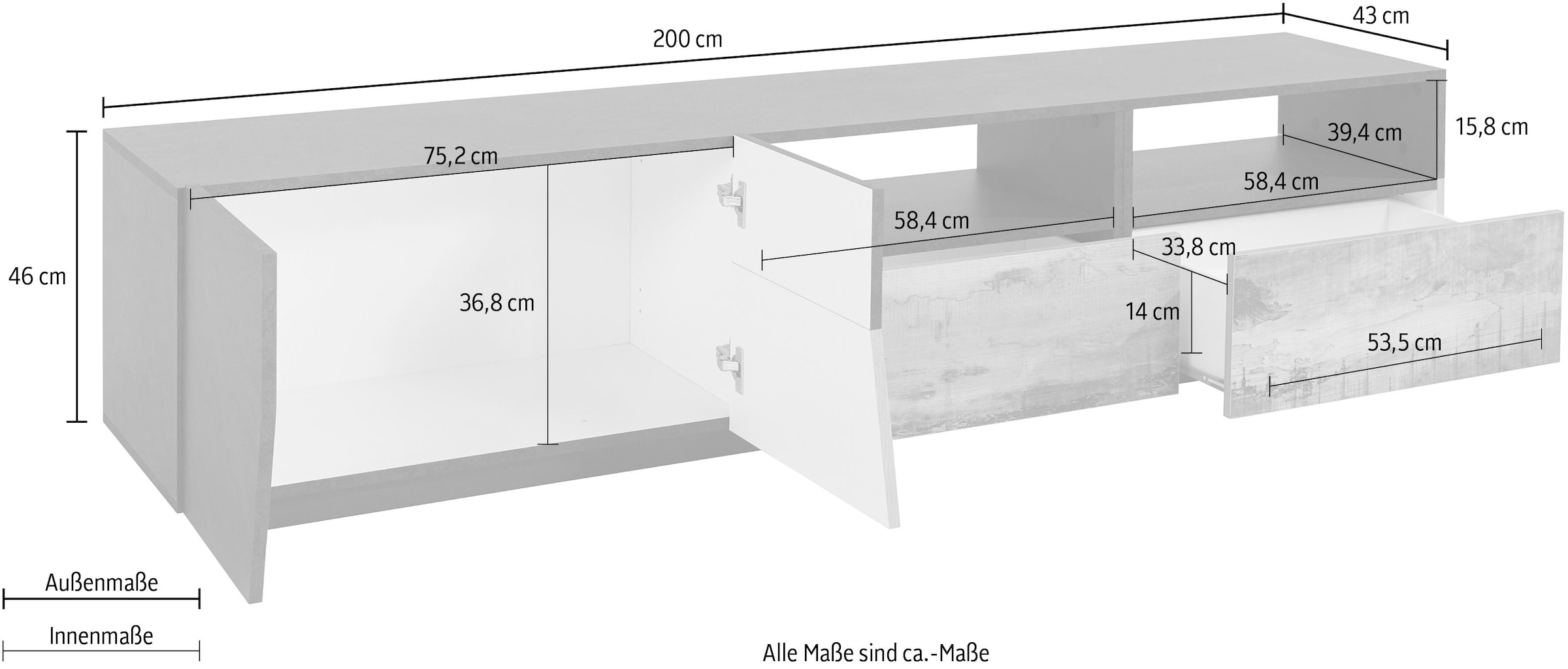 INOSIGN Lowboard »ALIEN- TV-Board, mit 2 Türen, 2 Schubladen und 2 offenen Fächern«, TV-Kommode Breite ca. 200 cm "Made in Italy"