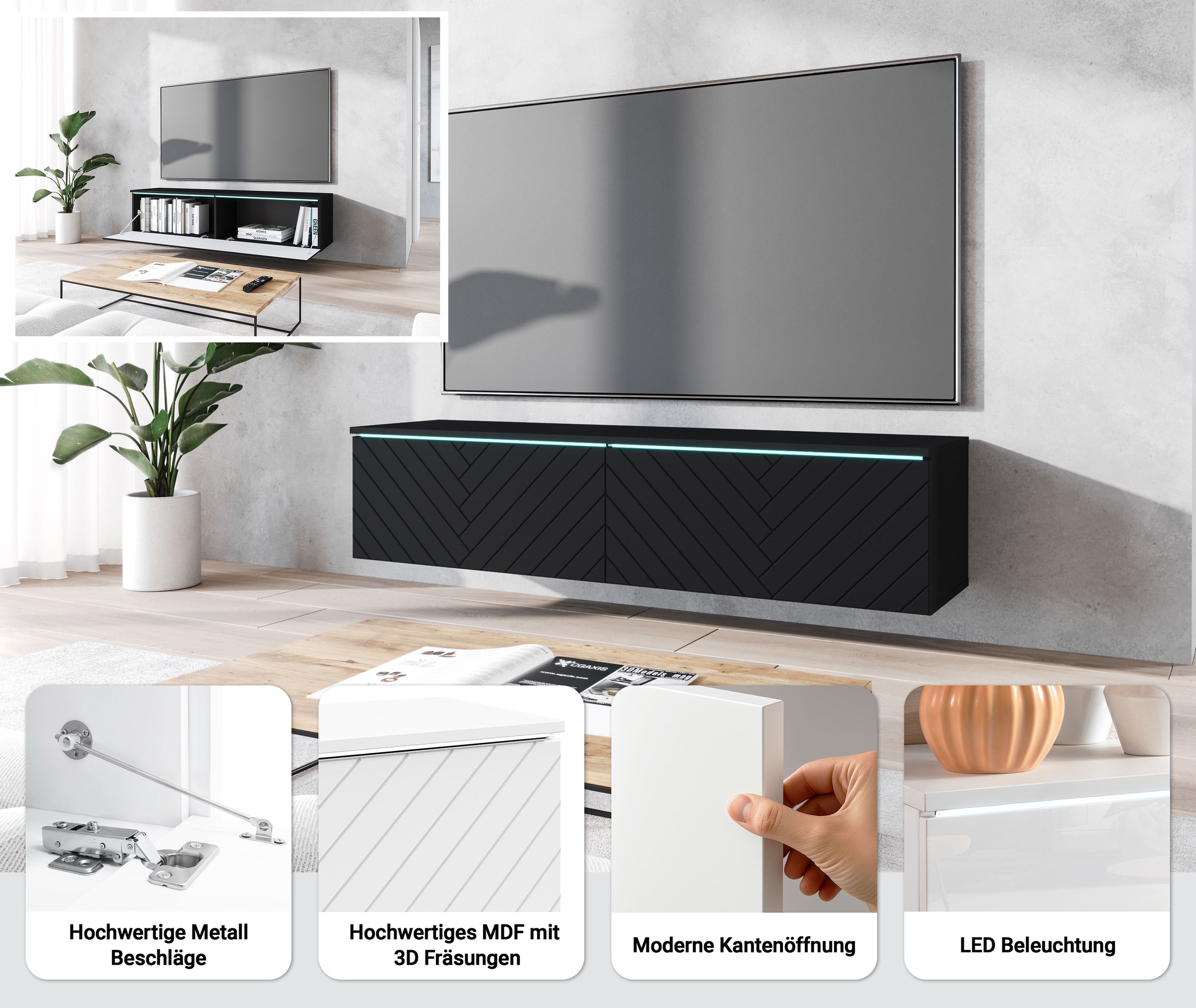 INOSIGN Lowboard »wahlweise mit oder ohne Beleuchtung«, (1 St.), 140 cm TV-Board ohne Griffe, mit viel Stauraum, stehend und hängend