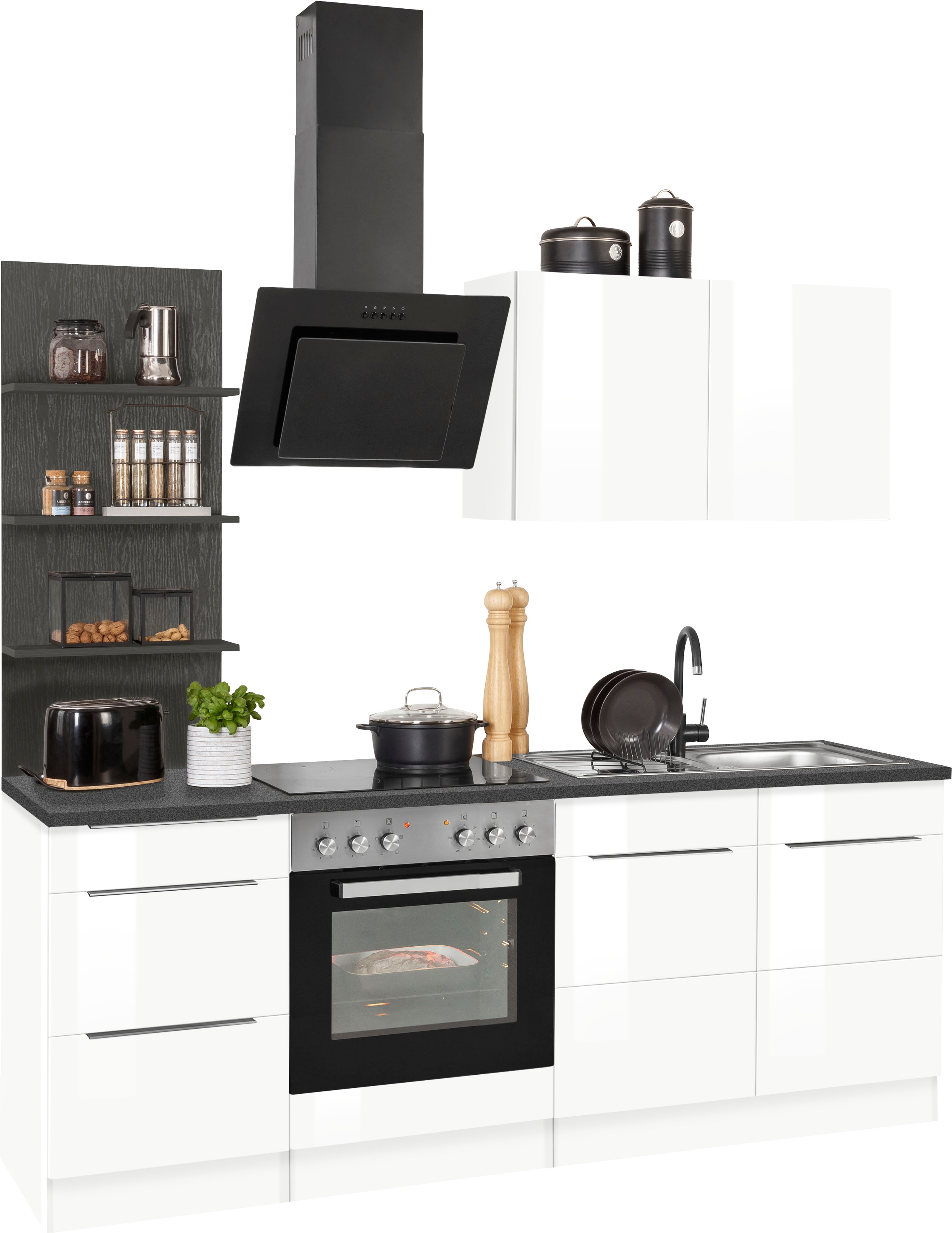 KOCHSTATION Küchenzeile »KS-Brindisi«, Breite 210 cm, wahlweise mit E-Geräten, mit MDF-Fronten und Regal