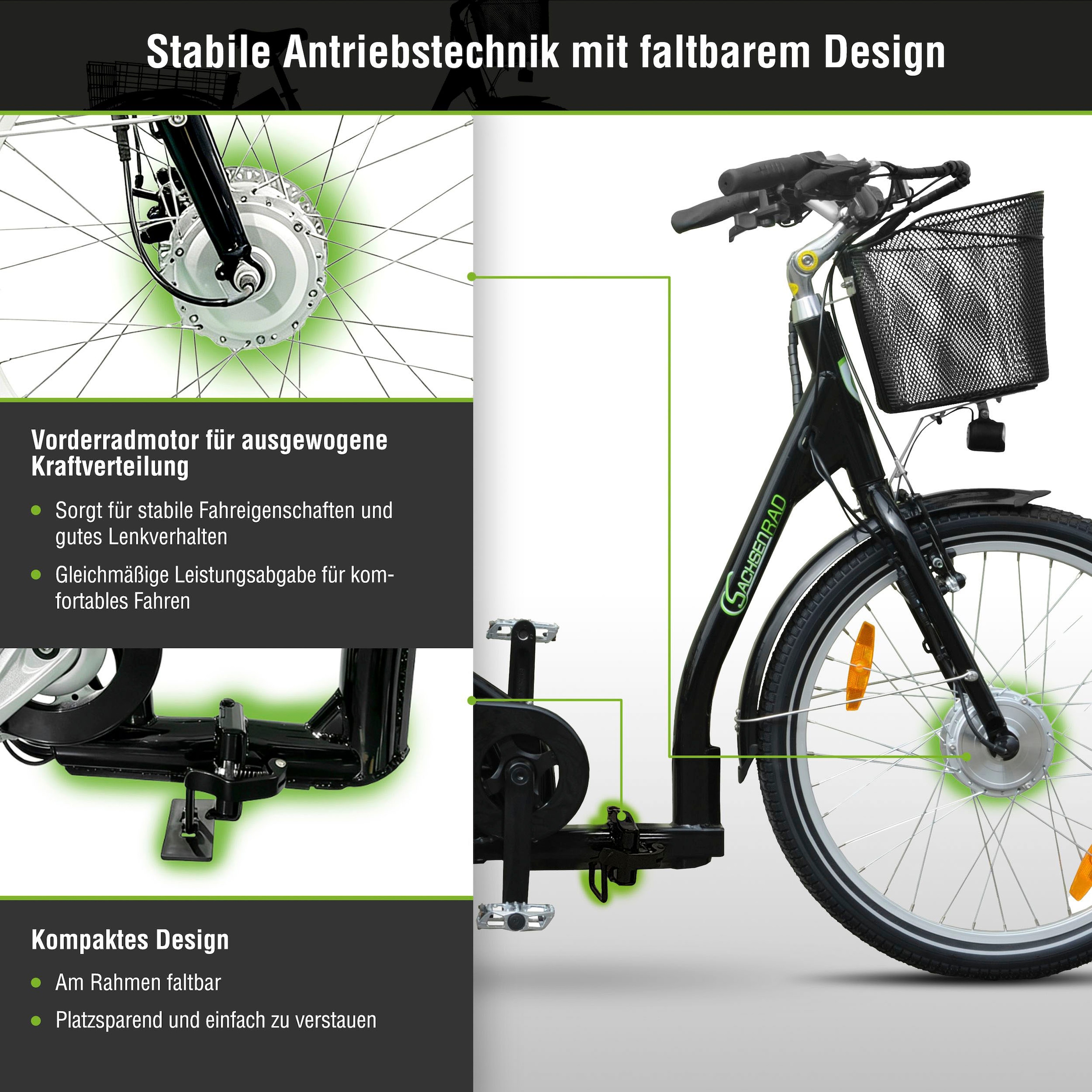 SachsenRad »T3A Trio II Faltbar mit Alarmanlage« 7 Gang Shimano Kettenschaltung Frontmotor 250 W