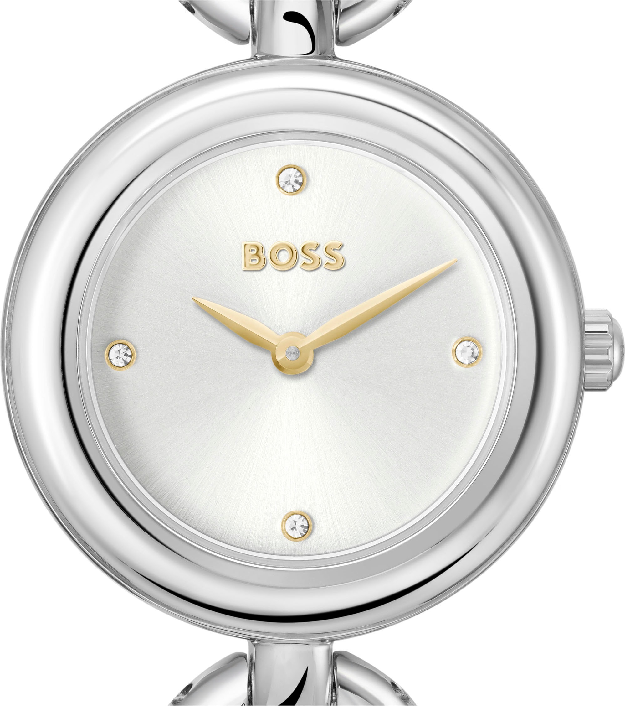 BOSS Quarzuhr »LIVE«, Armbanduhr, Damenuhr, Edelstahlarmband, analog, Glassteine
