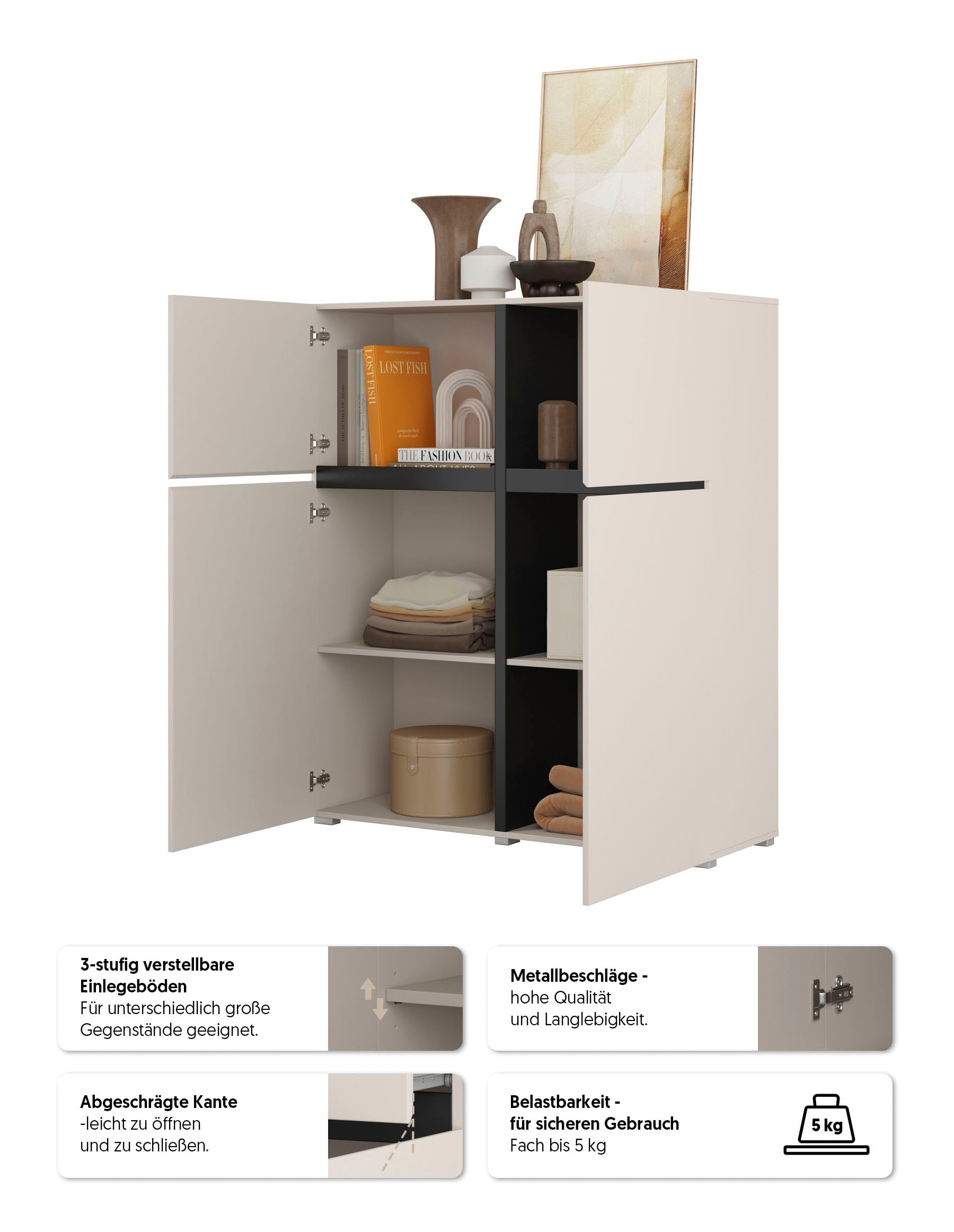 OTTO home Hochkommode »Cross,Breite 119,5 cm, moderne grifflose Hochkommode mit 4 Türen« Hochschrank mit viel Stauraum, Einlegeböden verstellbar
