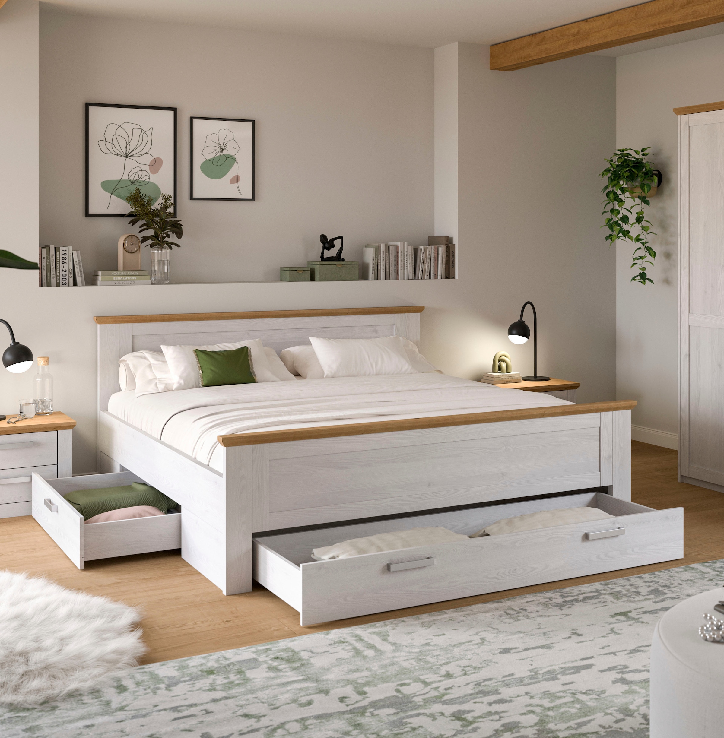 Home affaire Stauraumbett »COSENZA, Breite 189cm, im Landhausstil, 3 Schubkästen« für Matratzen 180x200 cm, viel Stauraum, ohne Matratzen und Lattenrost,  Bett, Kastenbett, Bettgestell, Schlafzimmer, Schlafen