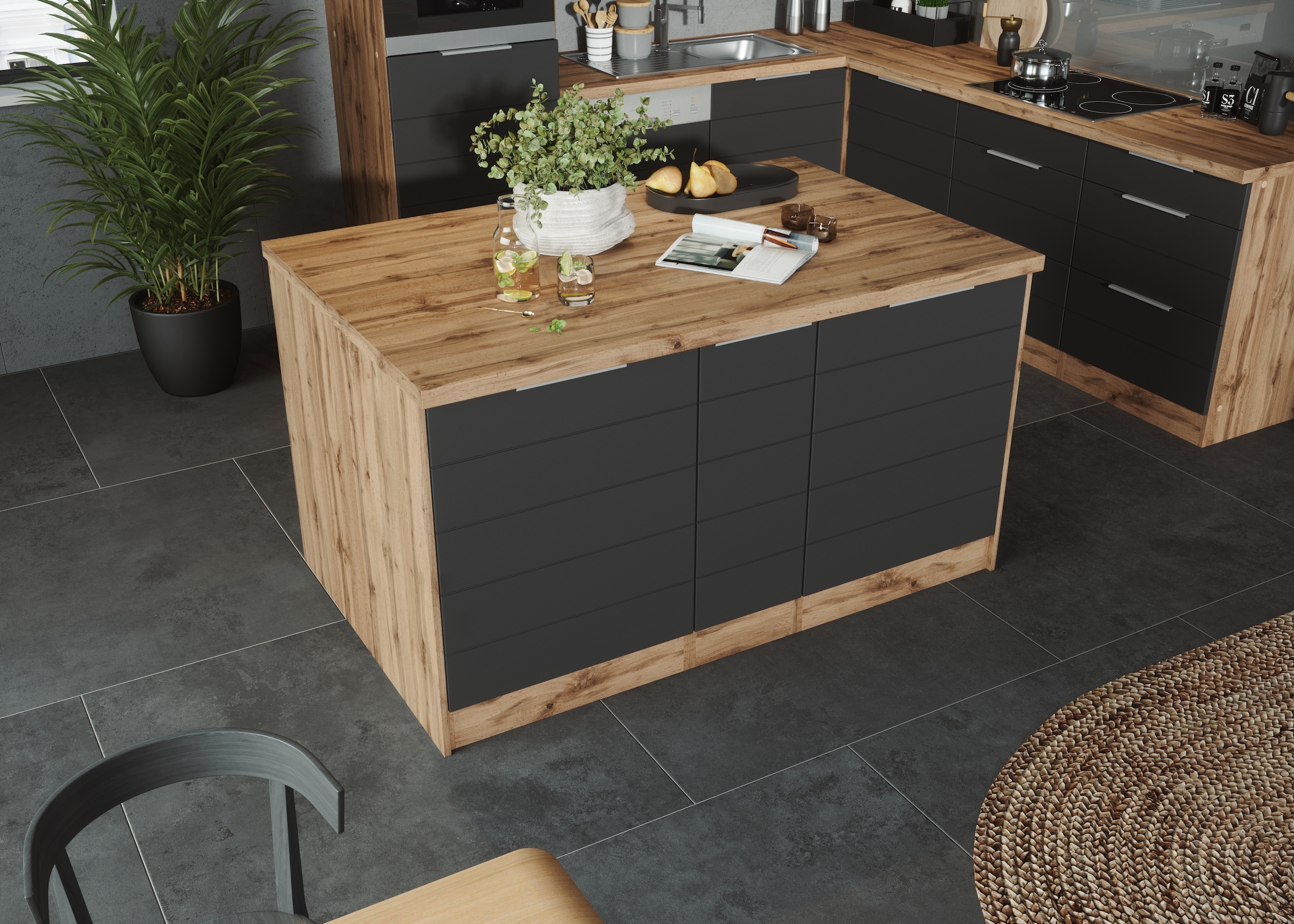 KOCHSTATION Kücheninsel »KS-Luhe, Breite 153 cm, mit Flaschenregal«, MDF-Fronten, Arbeitsplatte 38mm stark