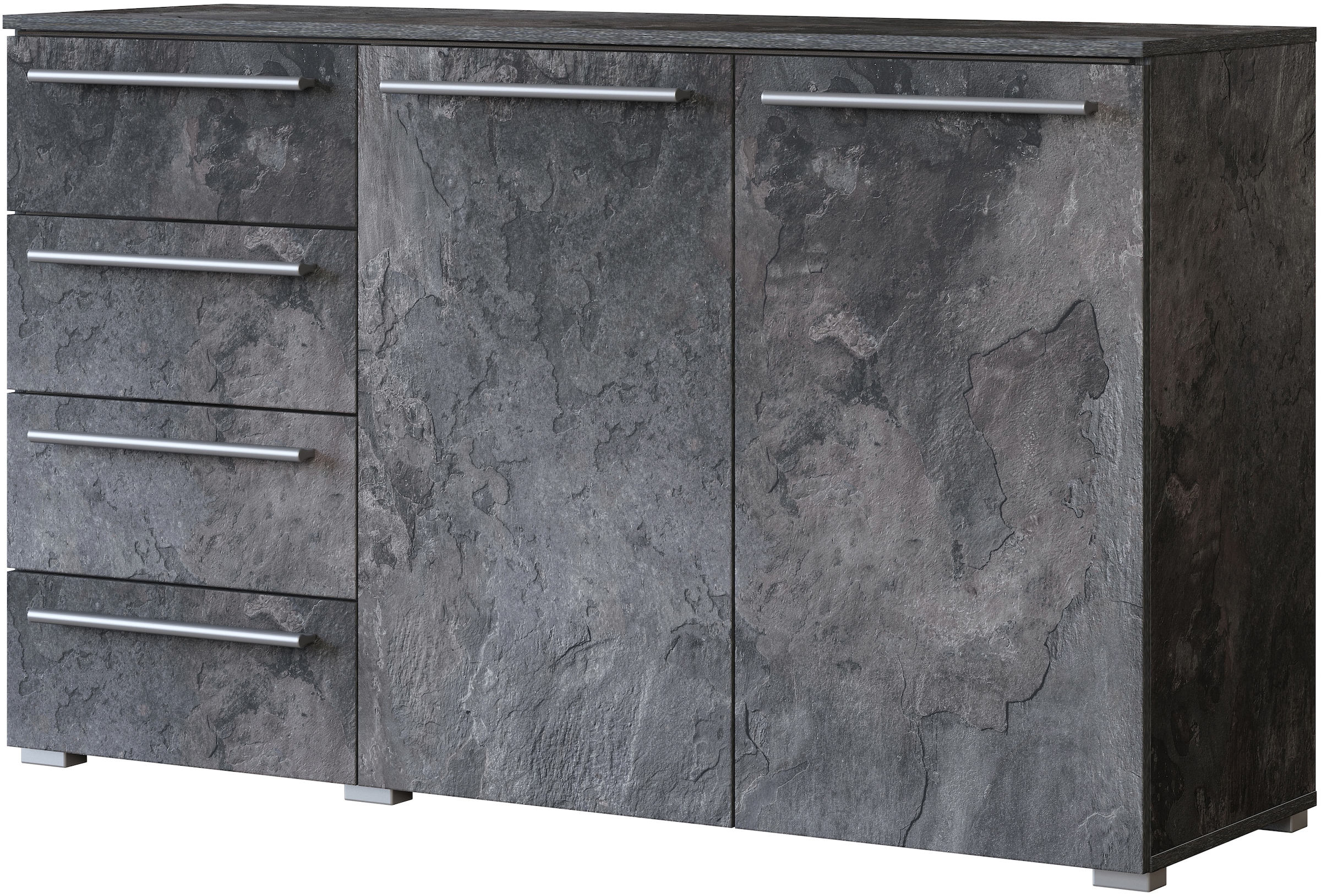INOSIGN Sideboard »India, aus FSC-zertifiziertem Holzwerkstoff, Made in Europe«, (135x81x41 (BxHxT), Schieferoptik oder weiß mit Hochglanzfronten), Schubladenschrank inklusive Beleuchtung mit Fernbedienung