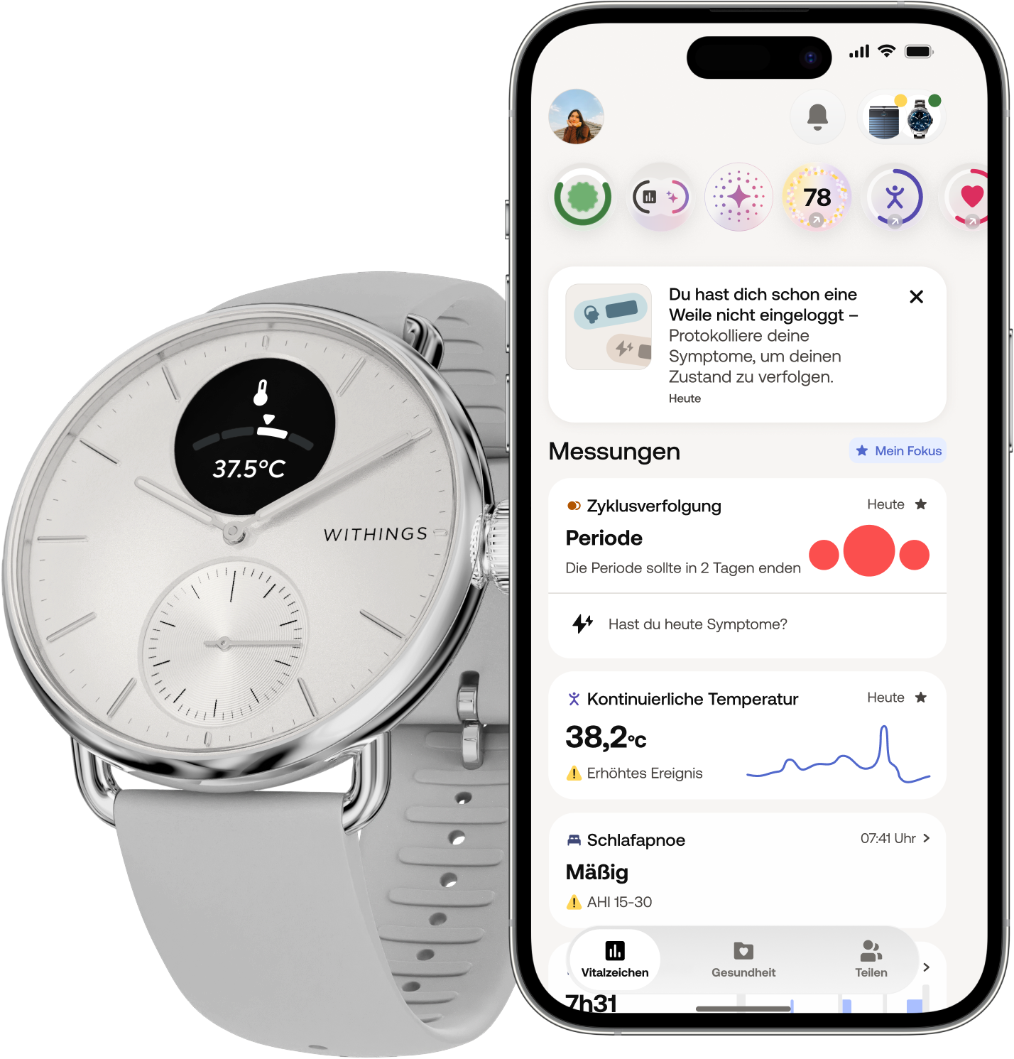 Withings Smartwatch »ScanWatch 2 38mm, hybrid, Akku bis 35 Tage, 50 M Wasserdicht« HealthSense OS