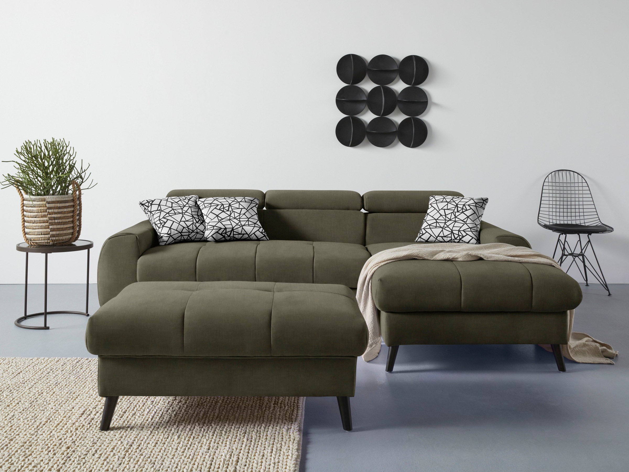 COTTA Ecksofa »Mia L-Form mit 3 Zierkissen«, wahlweise mit Bettfunktion, Bettkasten, Beleuchtung & Wireless-Charger