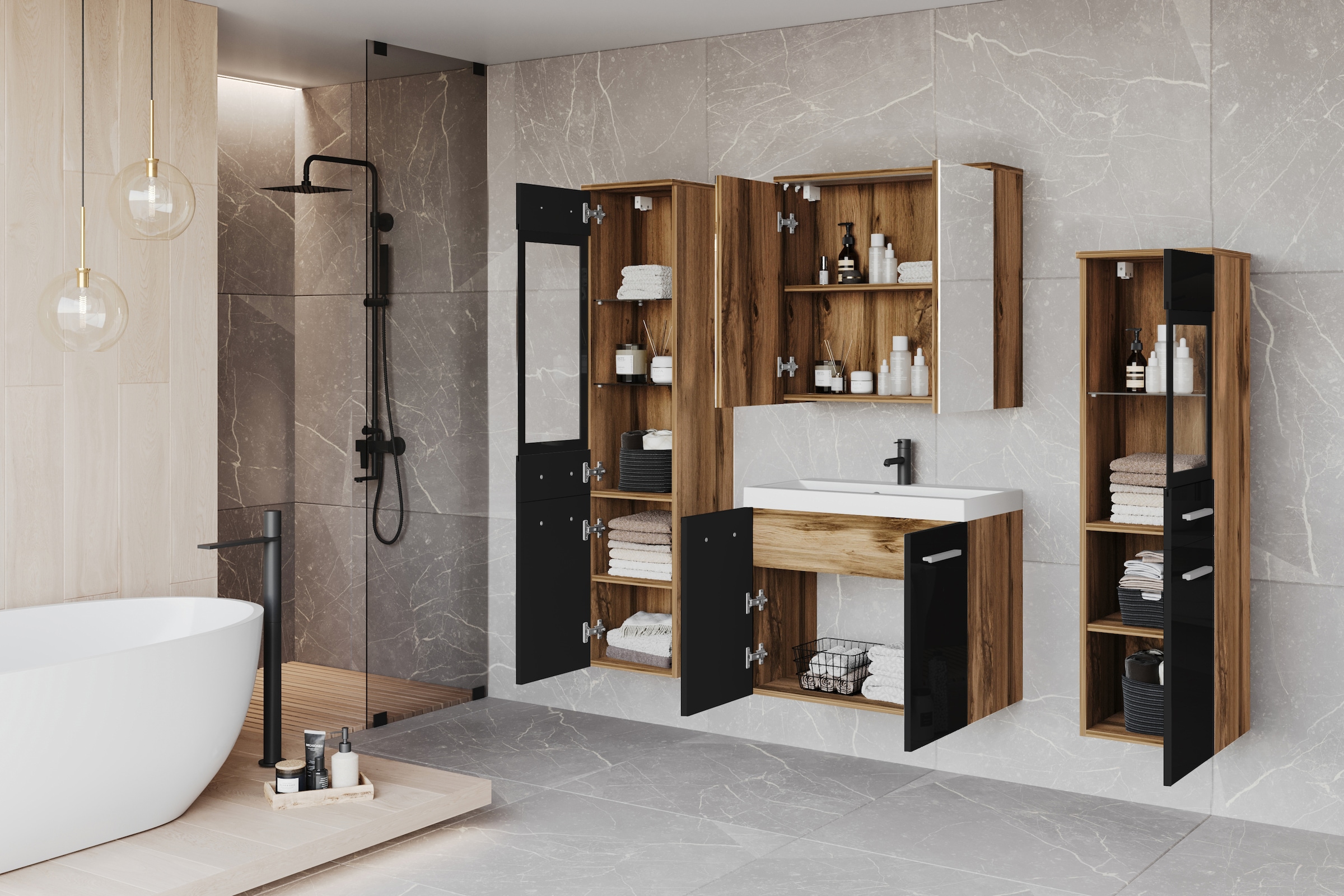 welltime Badmöbel-Set »MADRIT II, Schrank mit Waschbecken, 2 Hänger, Spiegelschrank«, (Komplett-Set, 5 St.), Hängende Badmöbel mit Glaseinsätzen – in vielen Farben erhältlich