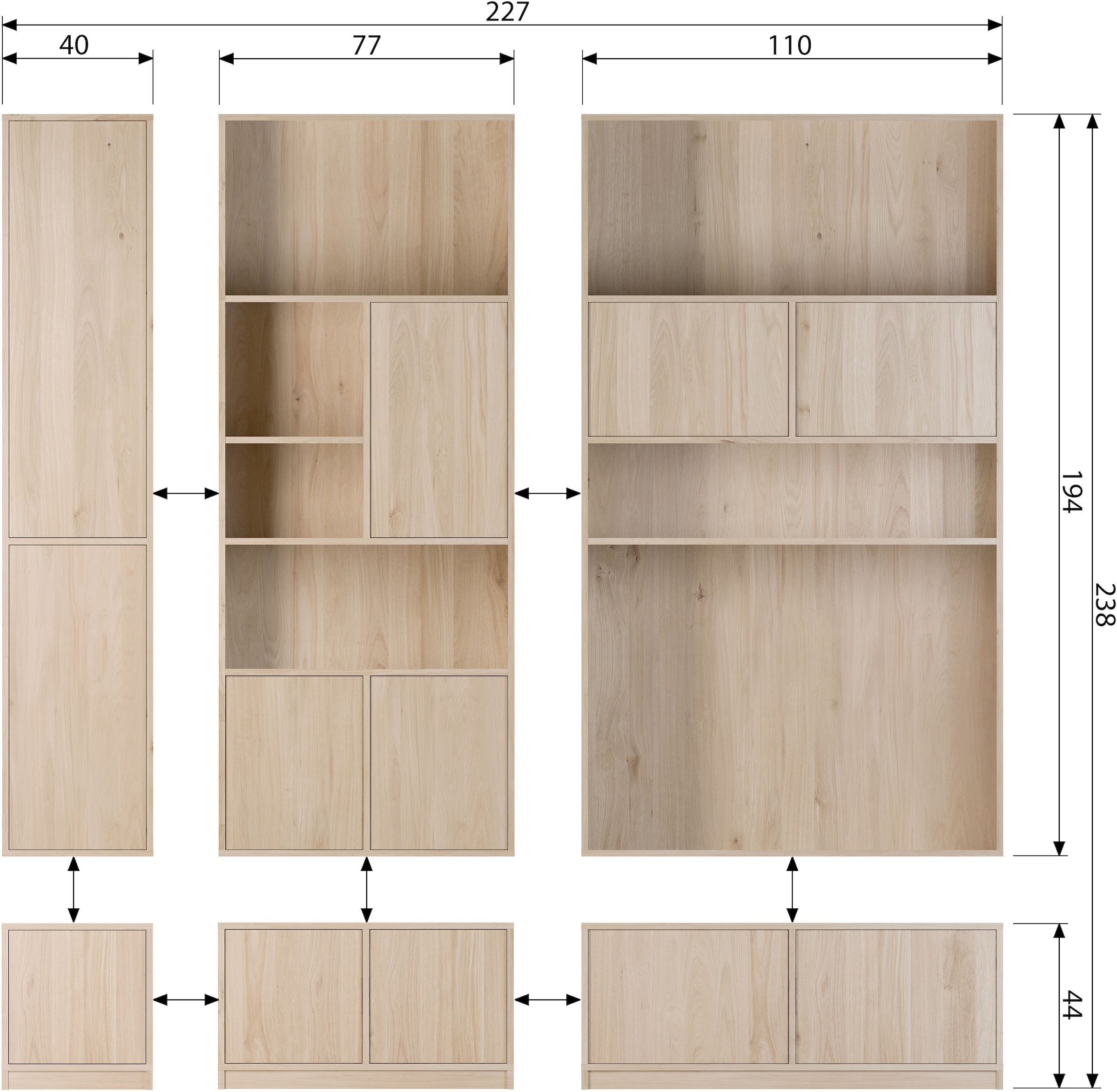 WOOOD Stauraumregal »Modulair mit Push-to-open und FSC® Eichenfurnier B110 x T40 x H199 cm« Vielfältige Fächergrößen, Tragkraft 15 kg pro Einlegeboden