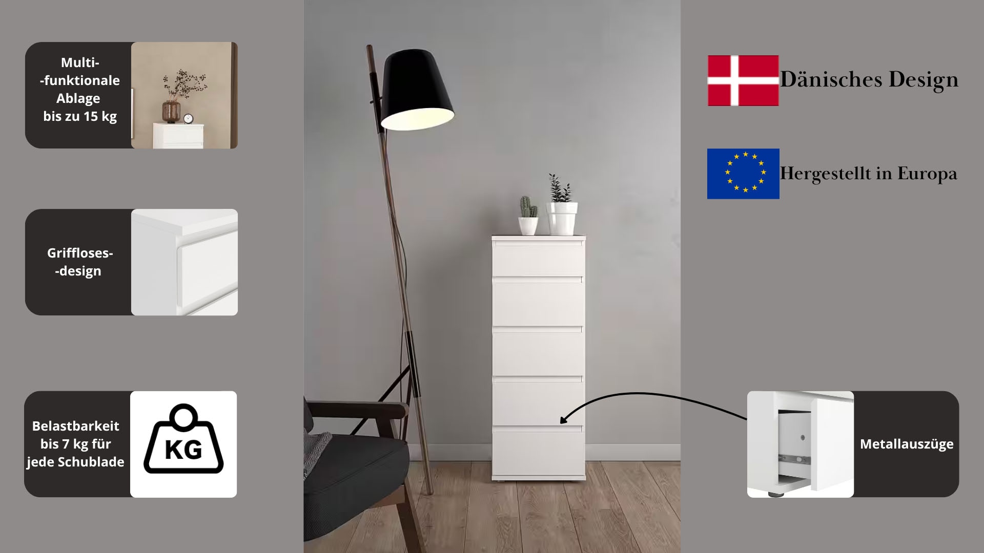 INOSIGN Kommode »Nova, Aufbewahrung mit 5 Schubladen, folienbeschichtet, grifflos«, Minimalistisch in Weiß oder Eichenoptik, skandinavisches Design