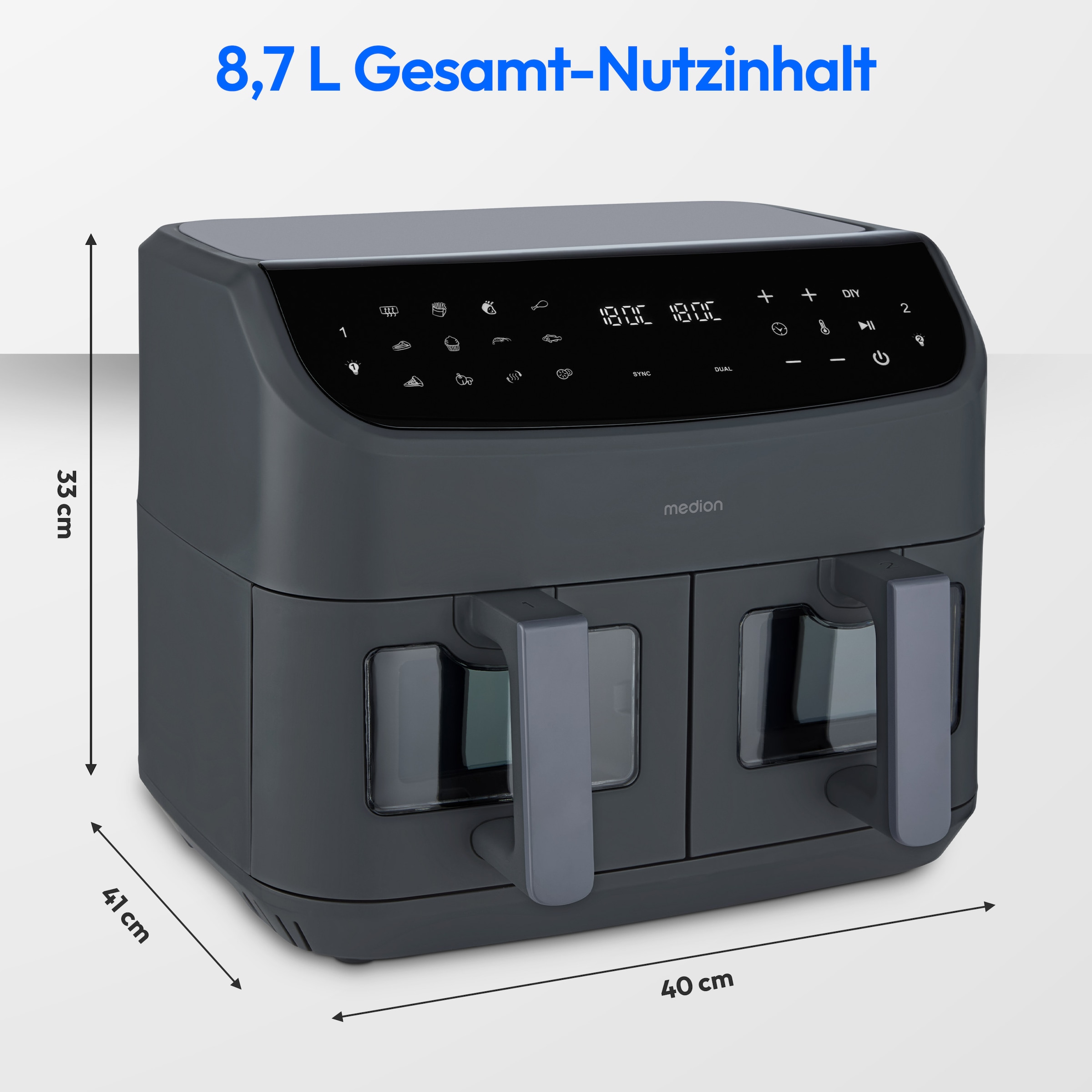 Medion® Heißluftfritteuse »MD 11760 P20XXL Twin« 2400 W Temperatur 50 - 200 °C, ILAG Beschichtung, Sync-Finish