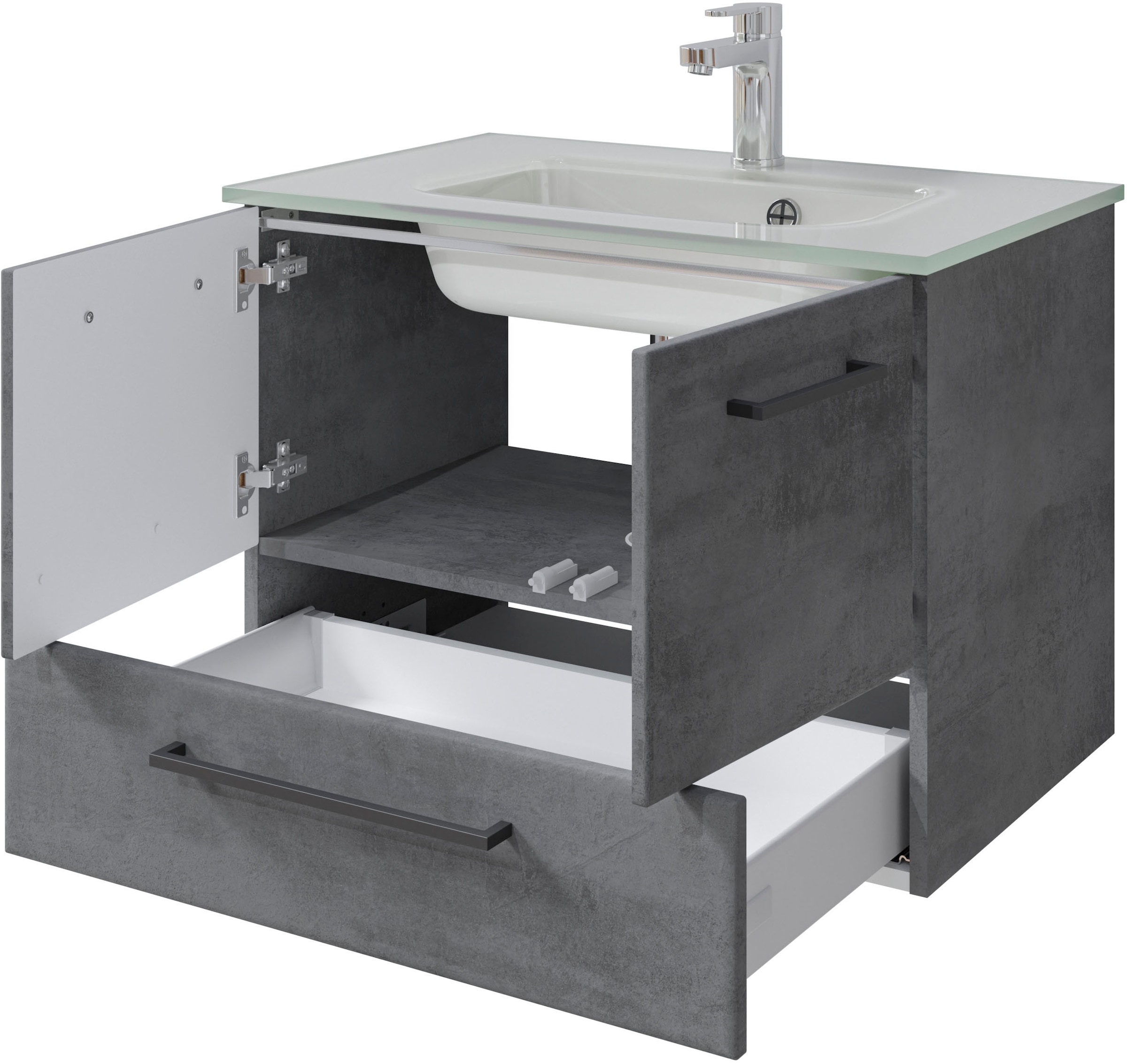 Saphir Badmöbel-Set »Quickset 945 Glas-Waschtisch mit Unterschrank, 74 cm breit, Waschplatz«, (1 St.), 2 Türen, 1 Schublade, inkl. Türdämpfer, Waschtisch Set mit Waschbecken