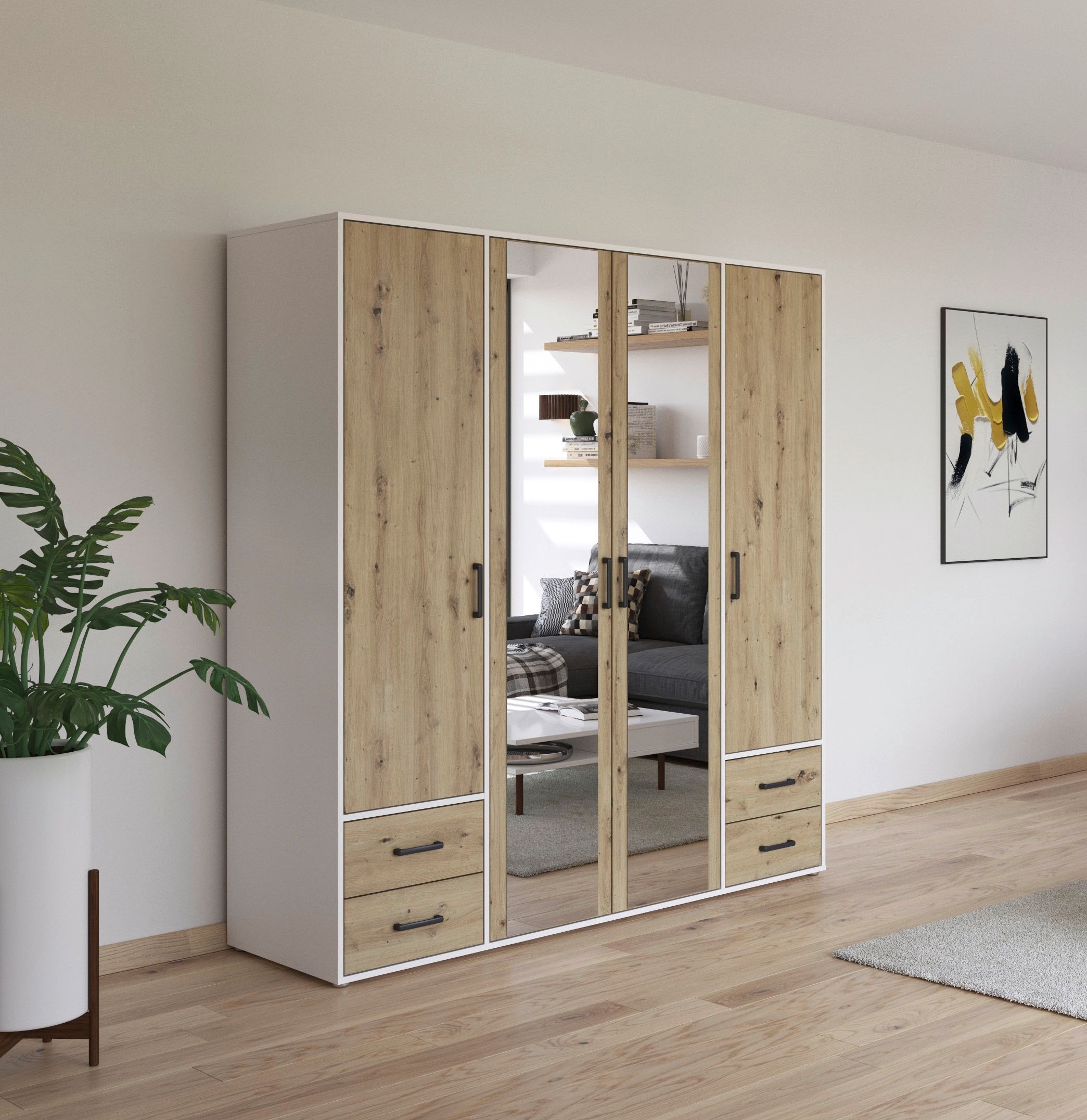 rauch Drehtürenschrank »Kleiderschrank Schrank Garderobe Wäscheschrank VOYAGER«, (in 3 verschiedenen Ausstattungen BASIC/CLASSIC/PREMIUM), mit modernen Griffen in Graumetallic, inkl. Schubkästen und Spiegel