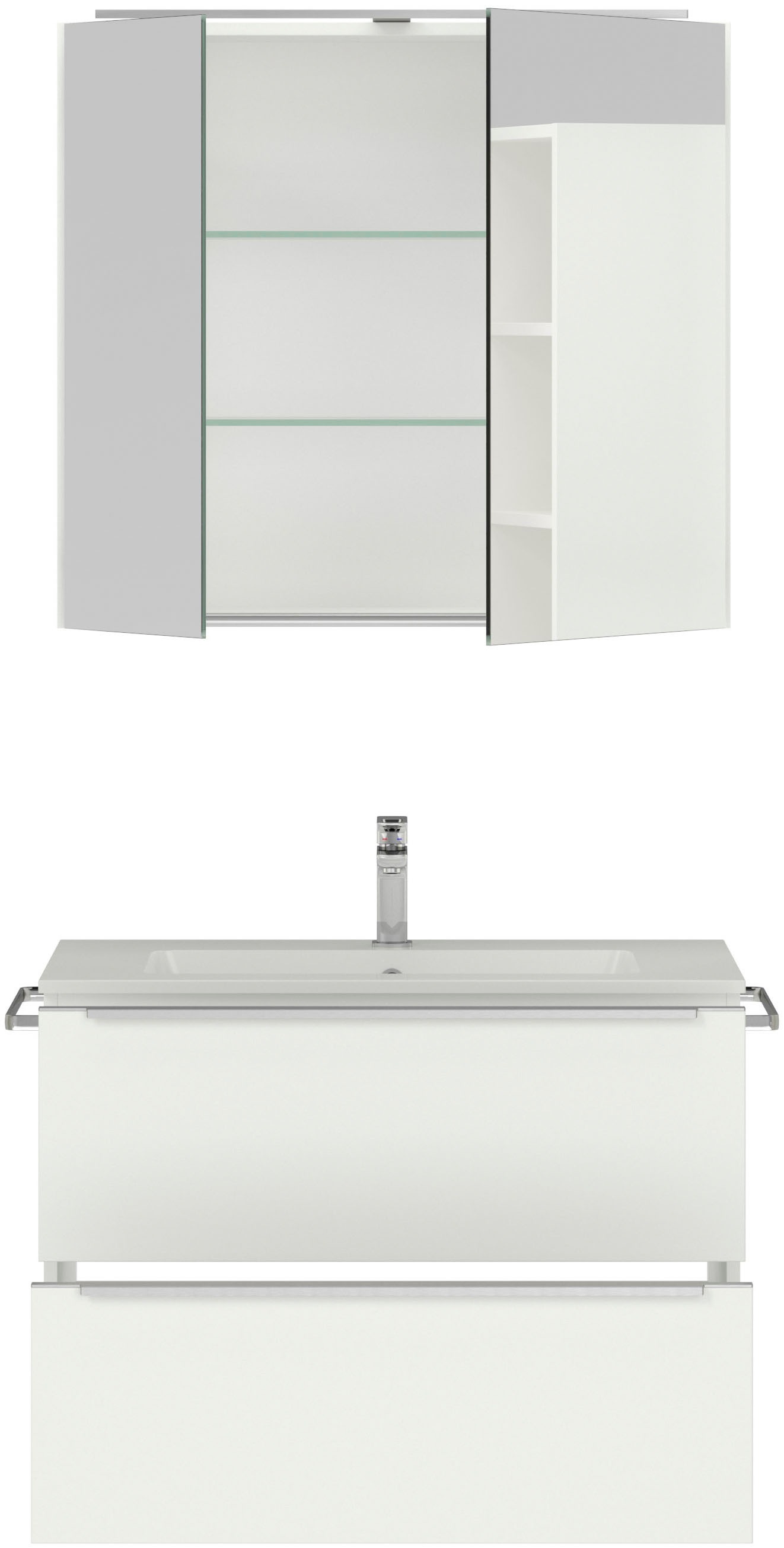 nobilia® Badmöbel-Set »Levere«, (2 St., vormontiert, mit Soft-Close), inkl. Spiegelschrank mit Beleuchtung und Dimmerfunktion, in 4 Breiten