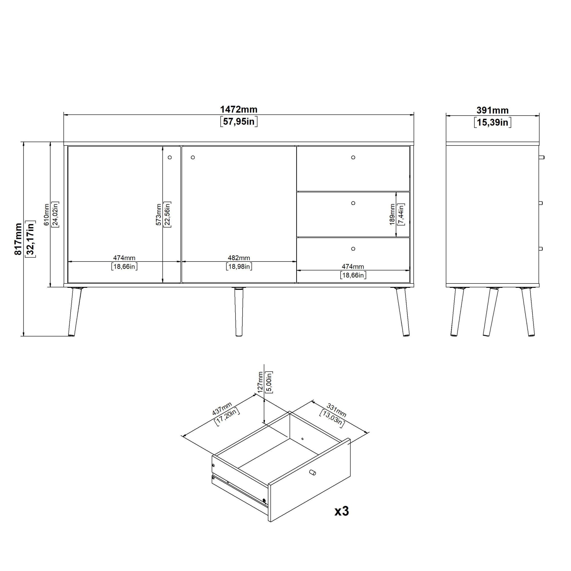 andas Sideboard »Bodo, Aufbewahrung, Schubladenschrank, Sideboard,«, Kommode mit 2 Türen, 3 Schubladen, Breite 147 cm