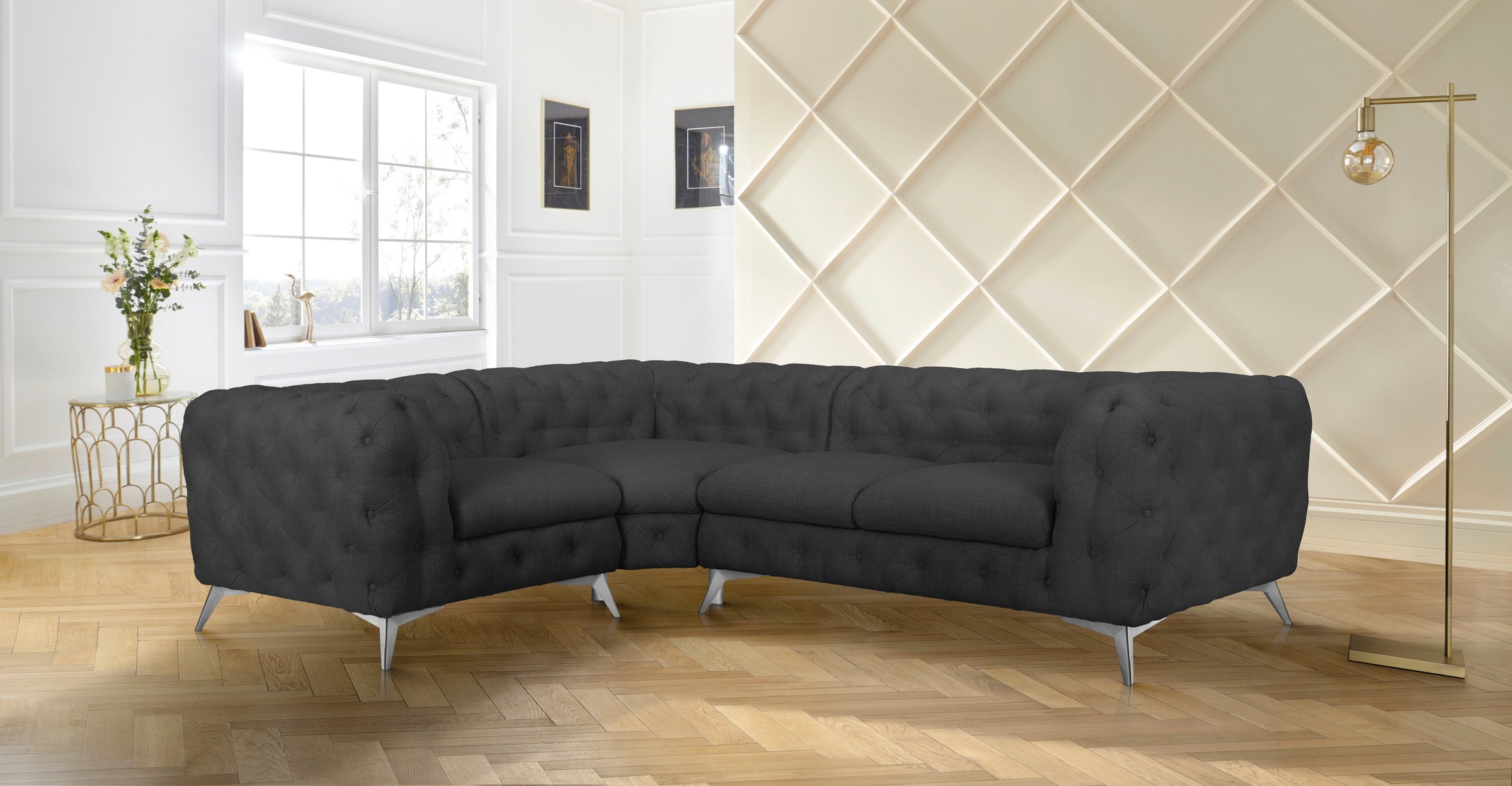Leonique Chesterfield-Sofa »Ecksofa GLYNIS L-Form mit Wellenunterfederung, Maße B/T/H 264/204/75cm«, aufwändige Knopfheftung, moderne Chesterfield Optik, Fußfarbe wählbar