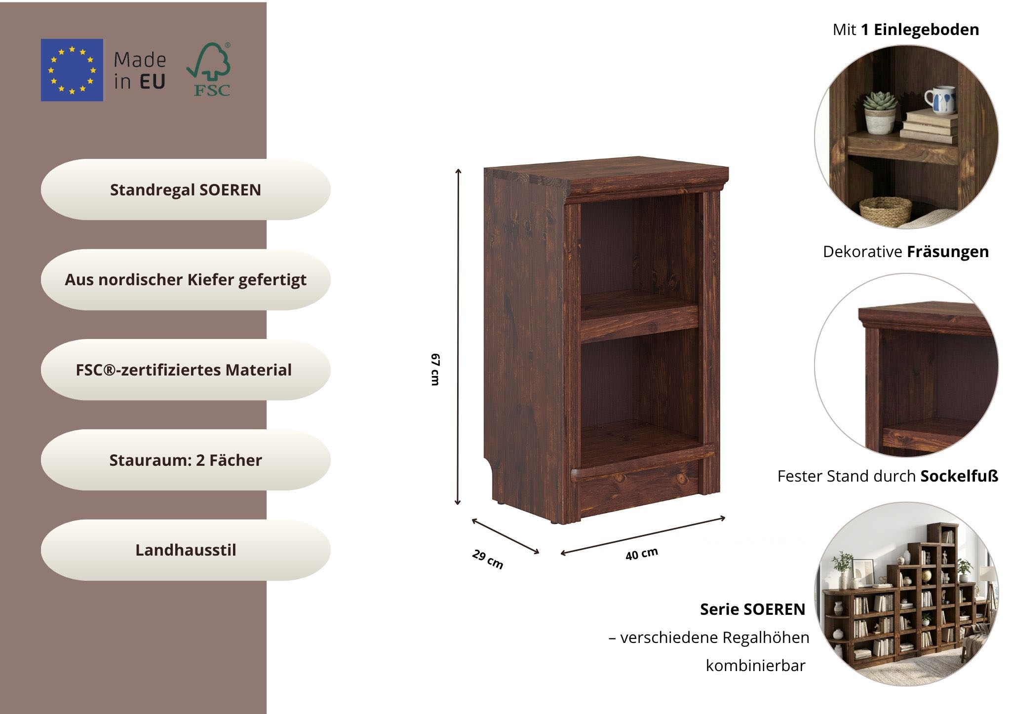 OTTO home Standregal »Riga Bücherregal Regal Breite/Tiefe 40/29 cm« aus massiver Kiefer, FSC®-zertifiziert