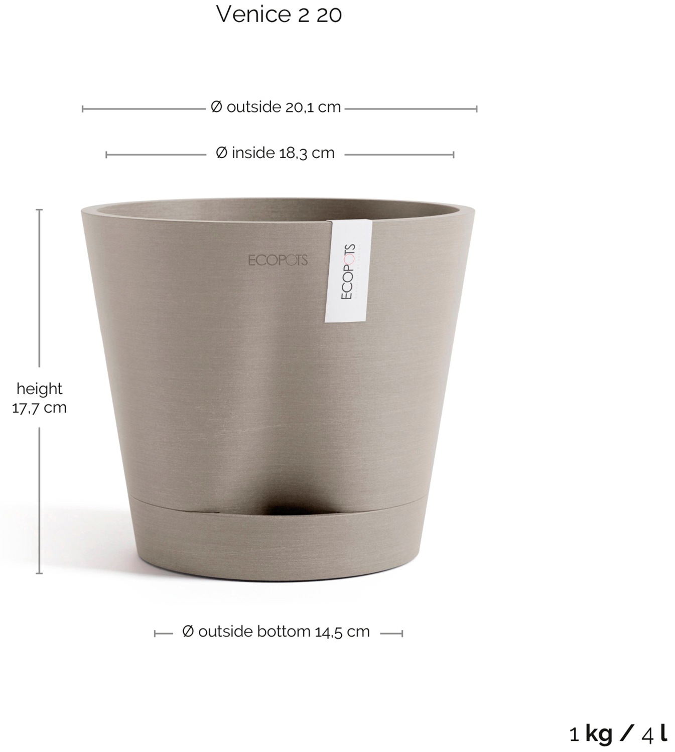 ECOPOTS Blumentopf »Venice 2 20 Taupe«, für den Innenbereich