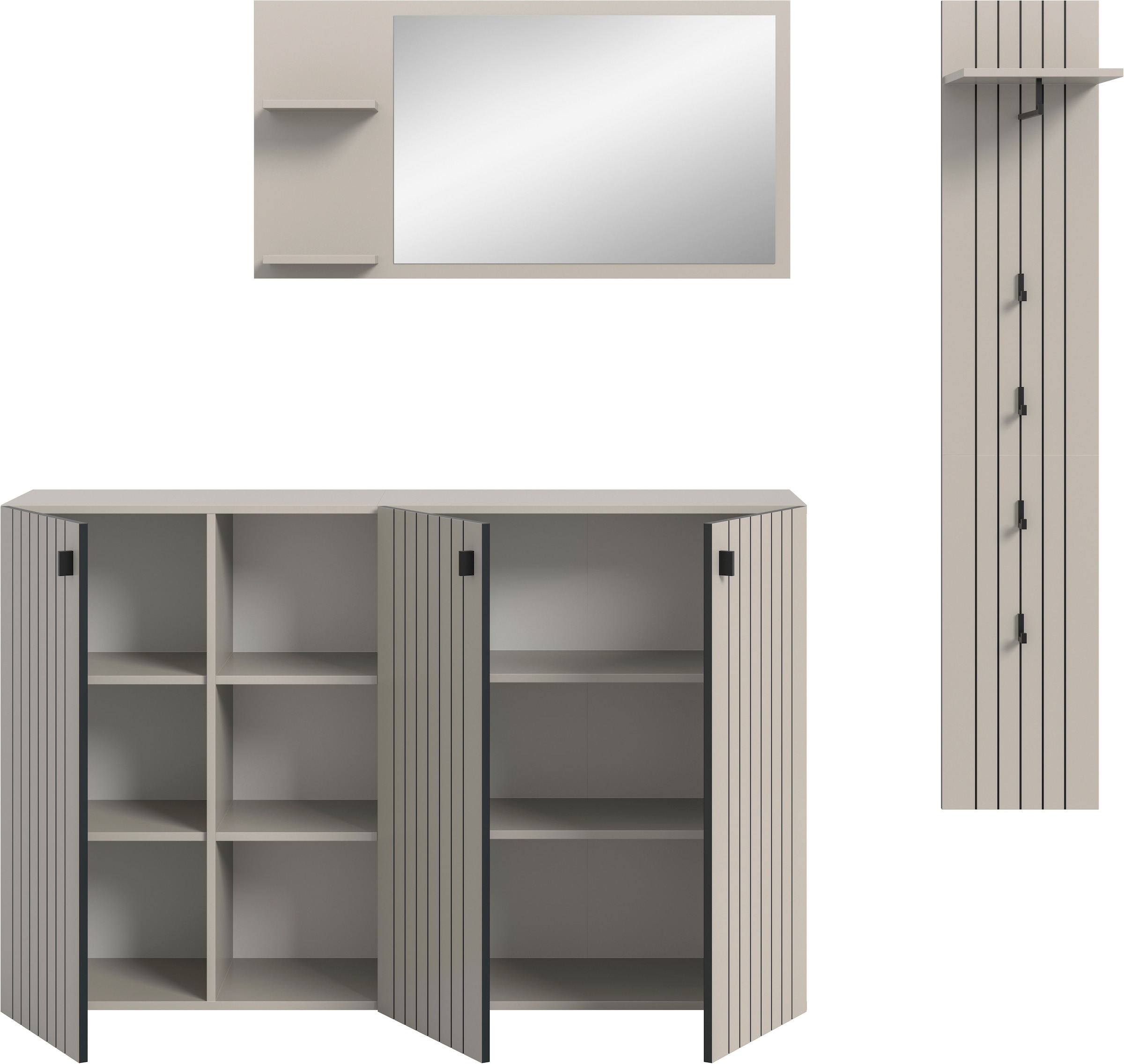 INOSIGN Garderoben-Set »TATIO, 3-tlg. Garderobenkombination, Breite: 201 cm, Rillenfräsung« Set, Set, best. aus: 1 Spiegel, 1 Garderobenpaneel, 1 Schuhkommode, 3 Stk. tlg.