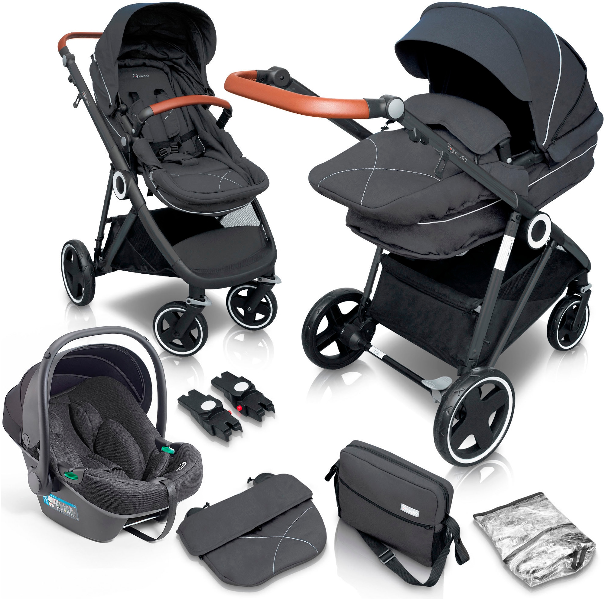 BabyGo Kombi-Kinderwagen »Halime 3in1«, inklusive Babywanne, Babyschale, Regenhaube & Wickeltasche