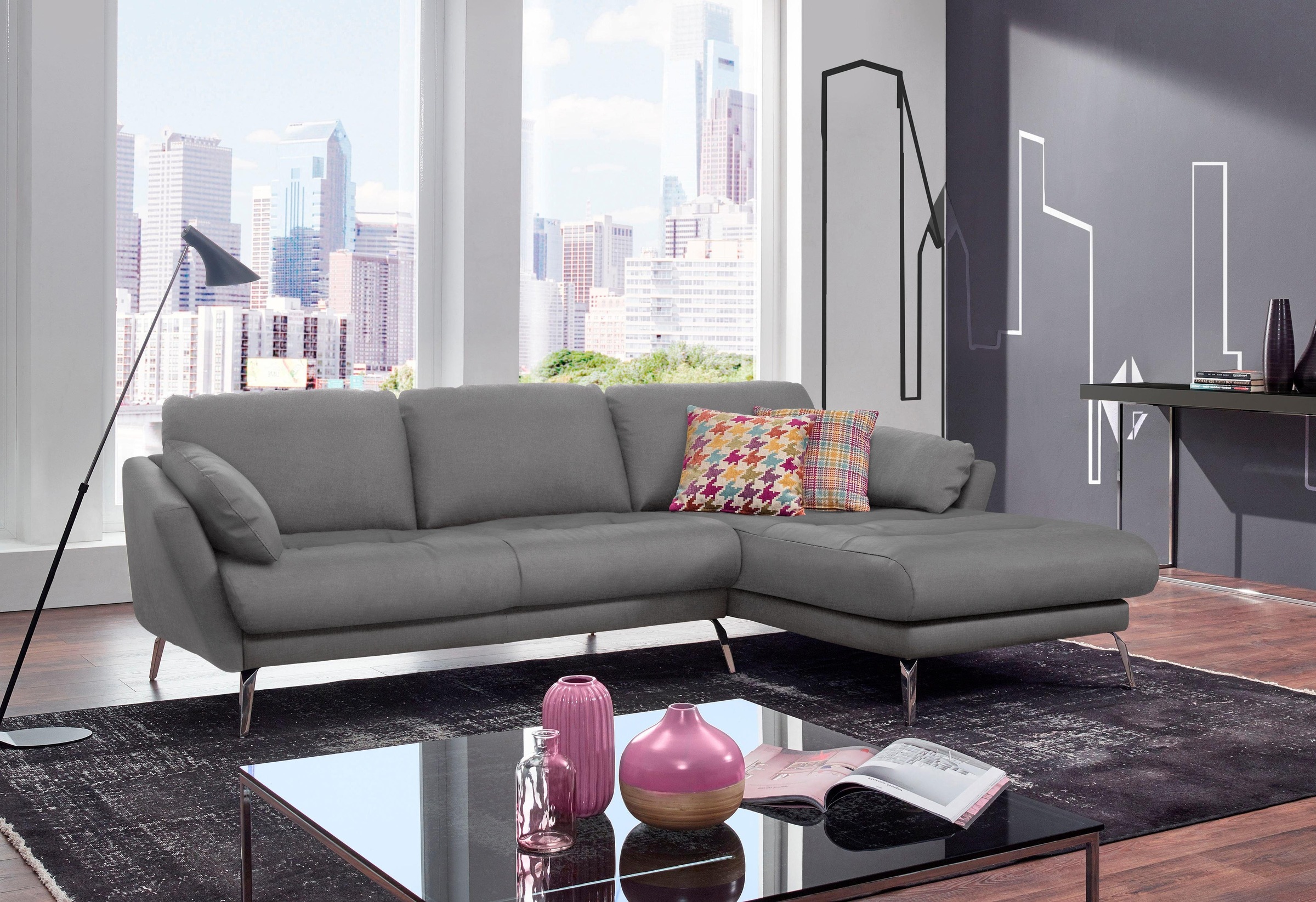 W.SCHILLIG Ecksofa »softy, Designsofa, zeitlos und elegant, hoher Sitzkomfort, L-Form«, mit dekorativer Heftung im Sitz, Füße Chrom glänzend