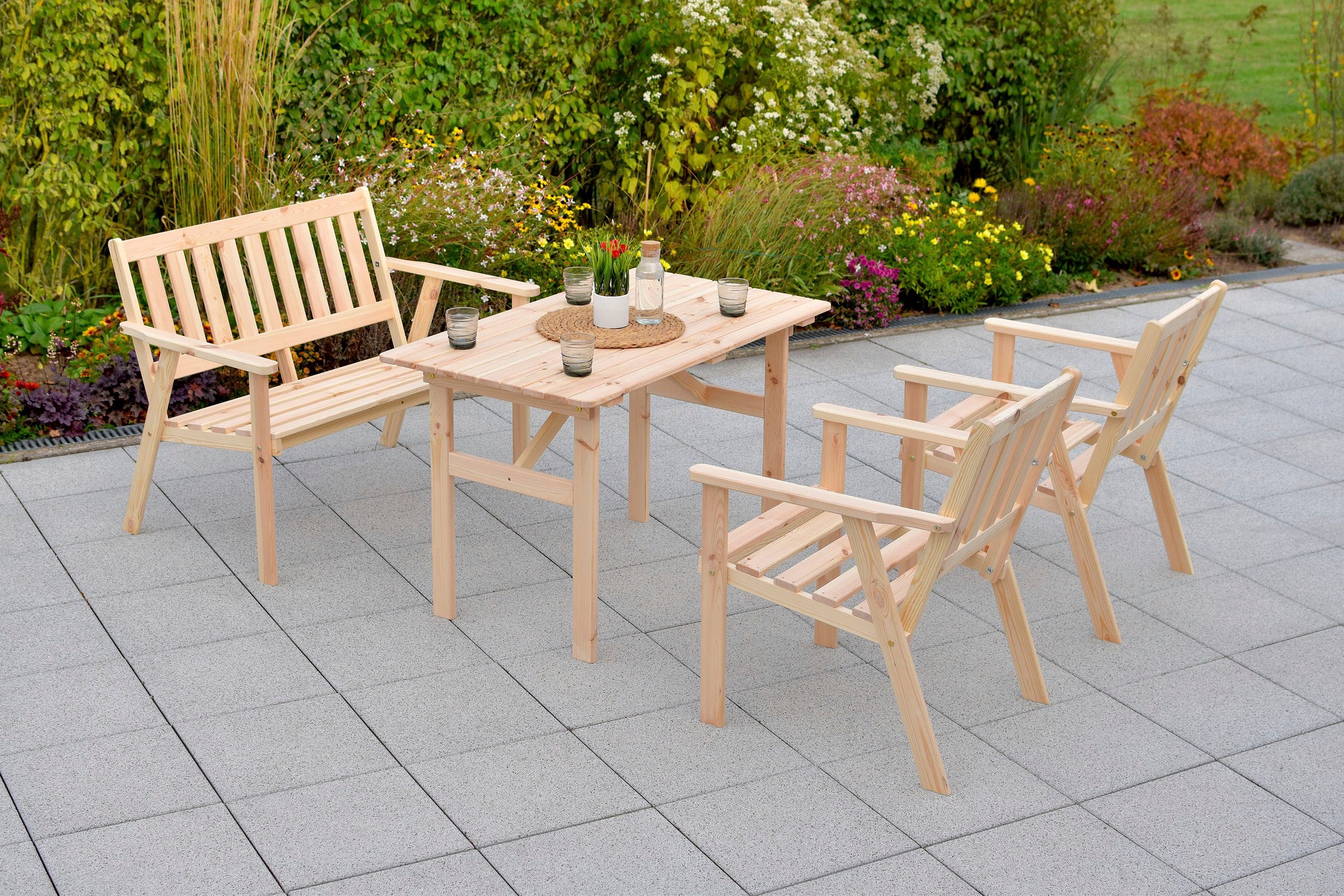 MERXX Garten-Essgruppe »Sylt«, (4 tlg., 2x Sessel, 1x Bank, 1x Tisch), Kiefernholz