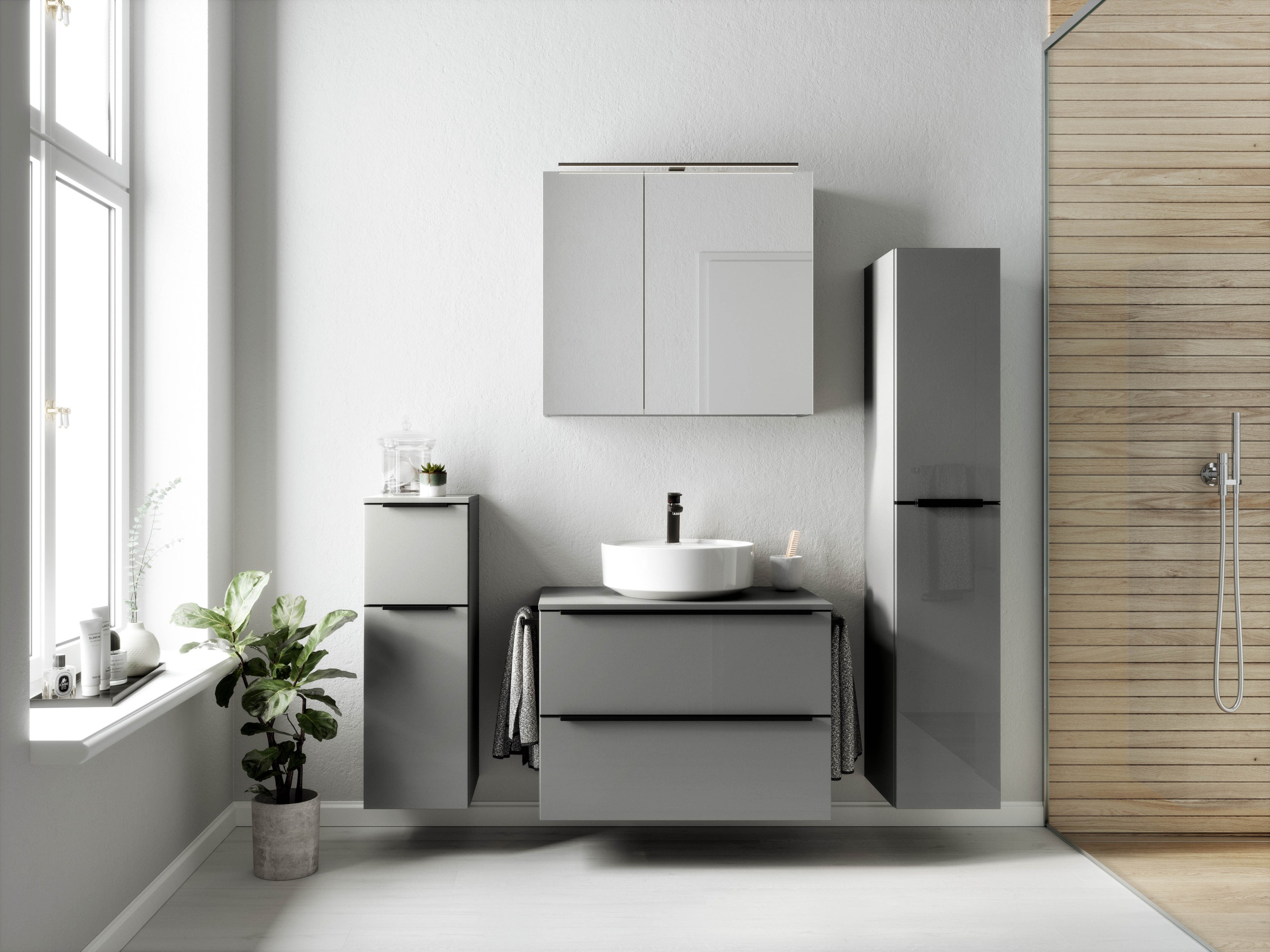 nobilia® Badmöbel-Set »Alvene«, (2 St., vormontiert, mit Soft-Close), inkl. Spiegelschrank mit Beleuchtung und Dimmerfunktion, in 4 Breiten